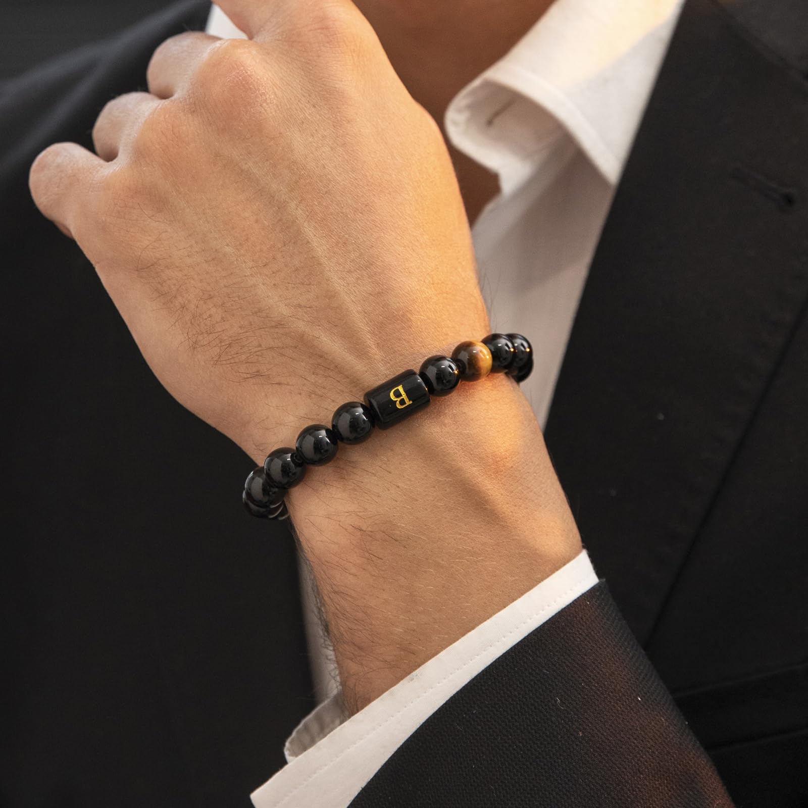 FRG To My Men,Initials Bracelets for Men Letter Link Handmade Natural Black Onyx Tiger Eye Stone Beads Braided Rope Meaningful Bracelet for Boyfriend Husband Birthday Fathers Gifts(C)