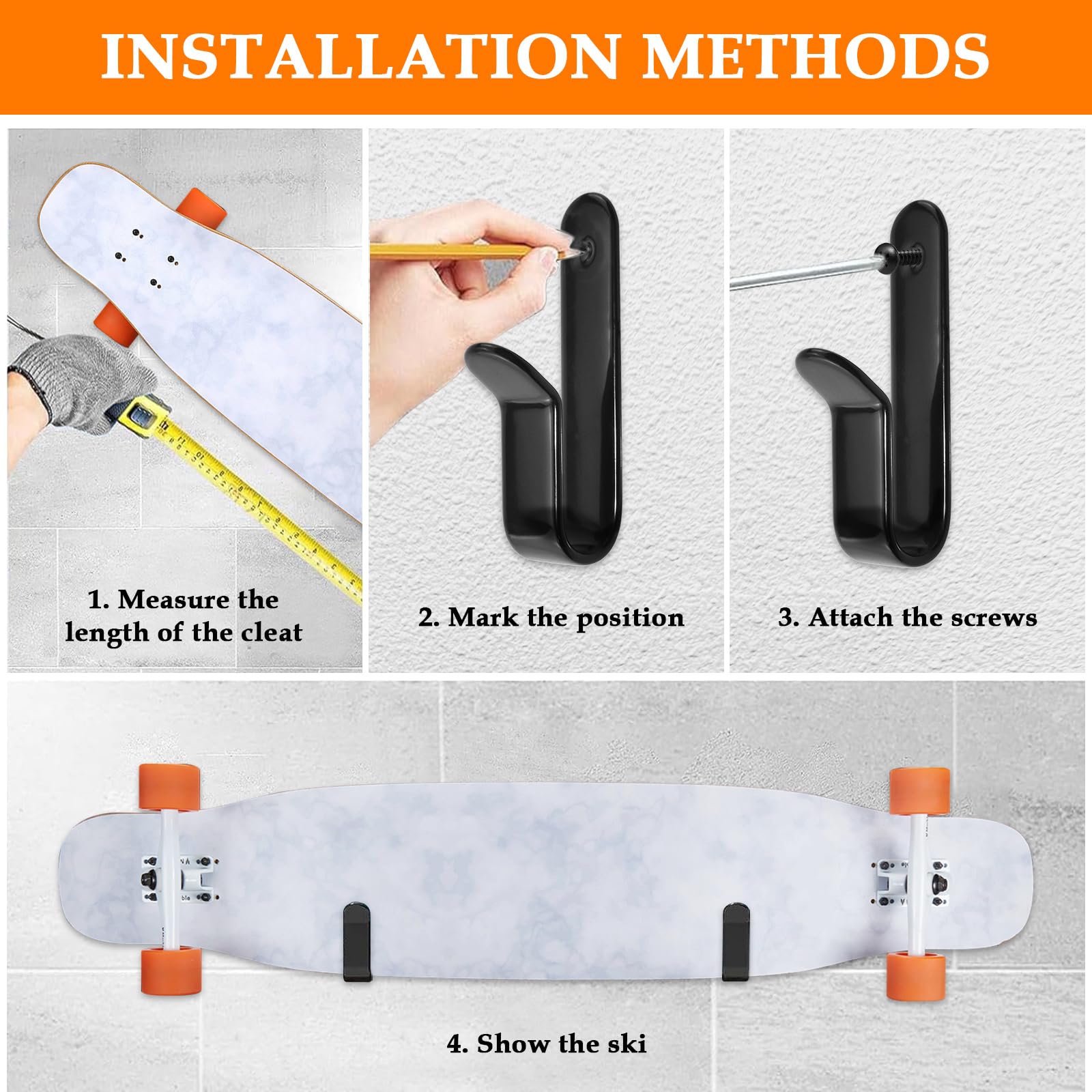 HONSNKS 2Pcs Snowboard Wall Rack Snowboard Wall Mount Clips Horizontal Skateboard Wall Mount Display Rack Snowboard Storage for Room, Garage