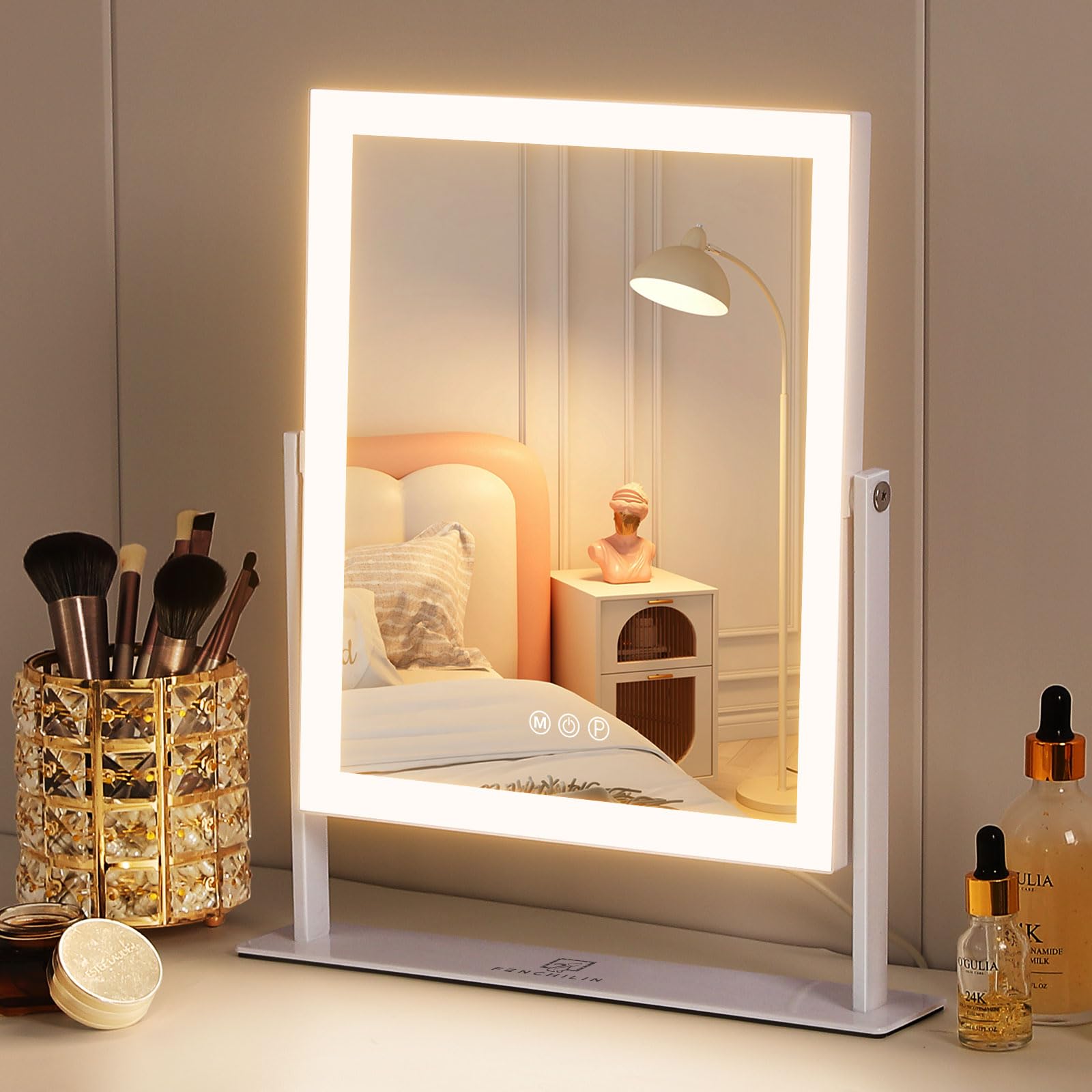 FENCHILIN Vanity Mirror with Lights 11.8" x 9.8",Lighted Makeup Mirror and Hollywood Mirror with Smart Touch Control 3 Colors Dimmable LED Light, 360°Rotation 10X Magnification(White)