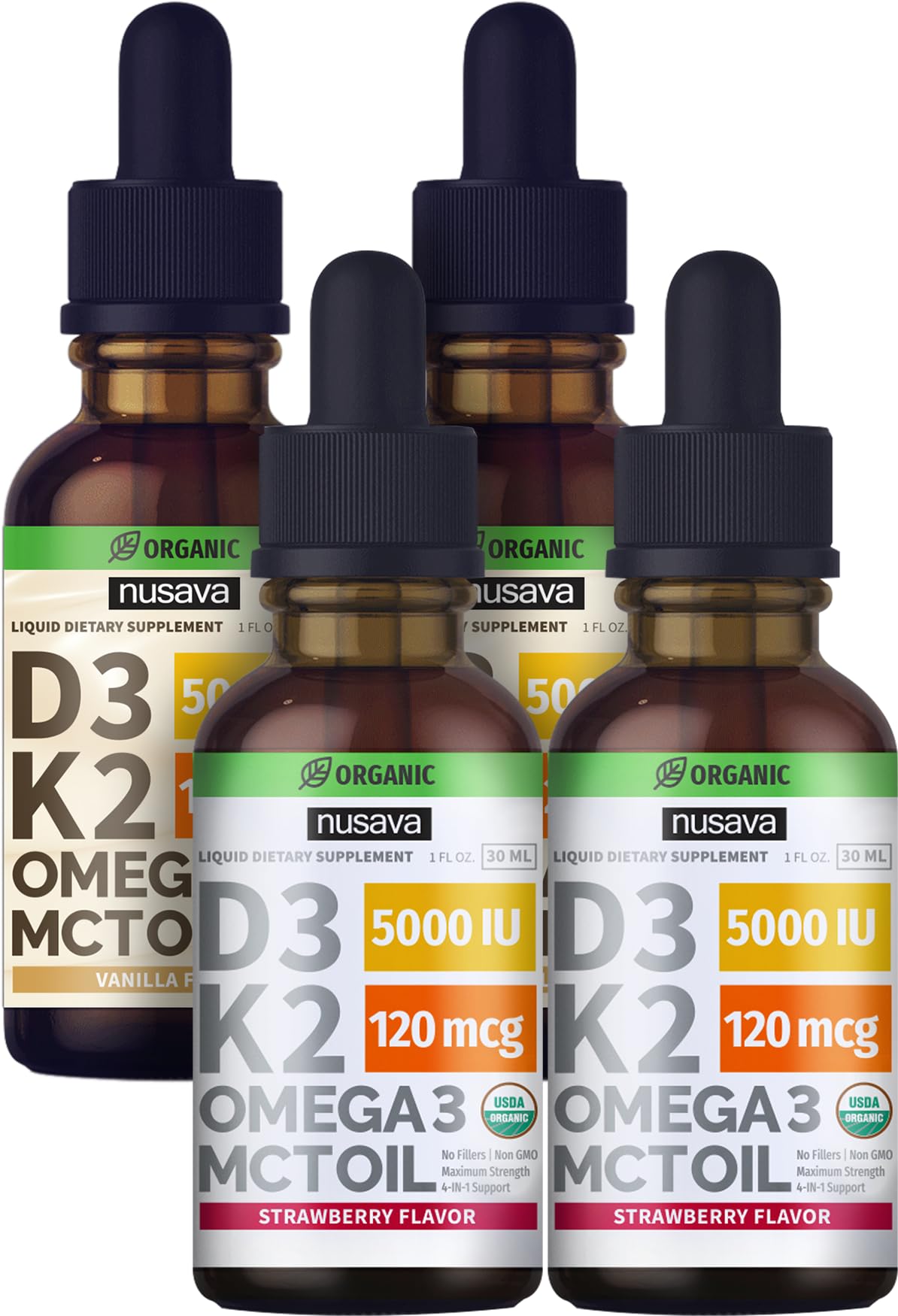 NUSAVA Strawberry Flavored D3 K2 Liquid Drops and Vanilla Flavored D3 K2 Liquid Drops Bundle - Potent Liquid Vitamins for Heart, Joint, Bone, Muscle, & Immune Support - Non-GMO, Gluten-Free, 2pk Each