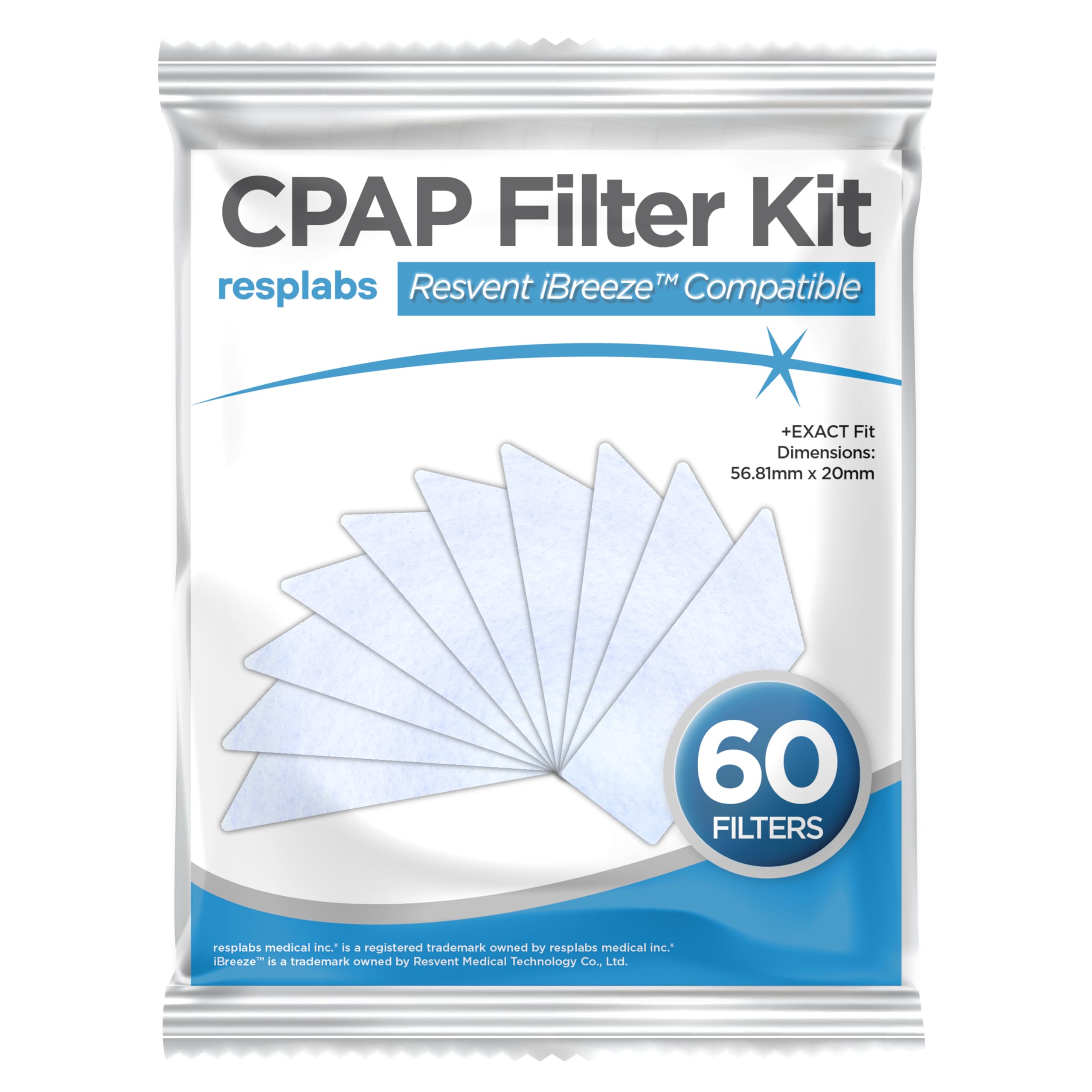 resplabs CPAP Filters Compatible with The Resvent iBreeze 20A Machine (Pack of 60)