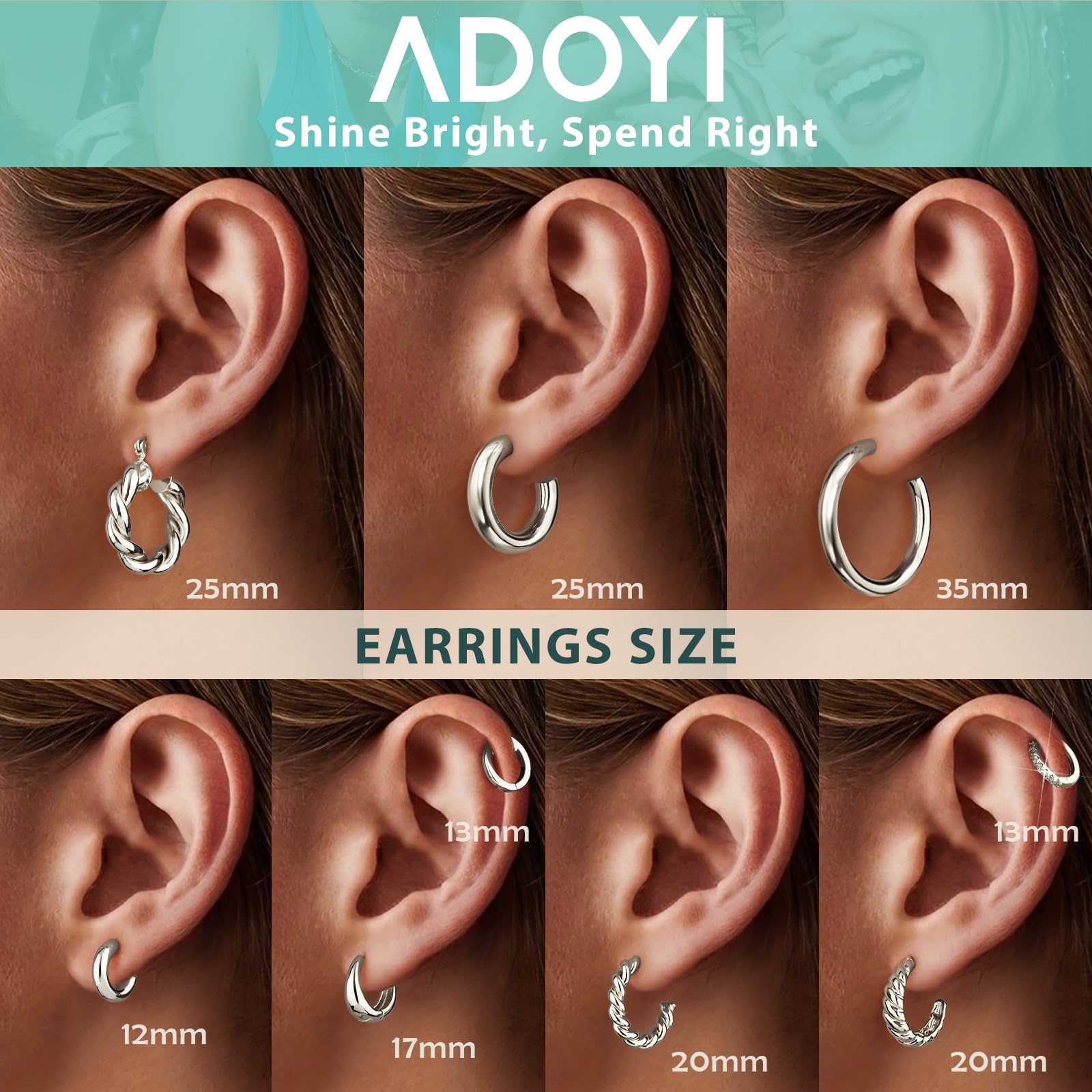 Adoyi Silver Hoop Earrings Set for Women Gold Twisted Huggie Hoops Earrings 14K White Gold Plated for Girls Gift Lightweight 9 Pairs jewelry for women