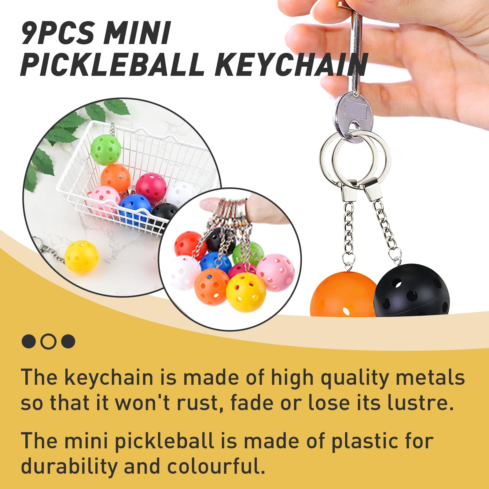 Iffitya 9PCS Pickleball Keychains - Mini Pickleball Ornaments Gift for Pickleball Lovers Pickleball Keychain with 9 Colors - Perfect Pickleball Gifts