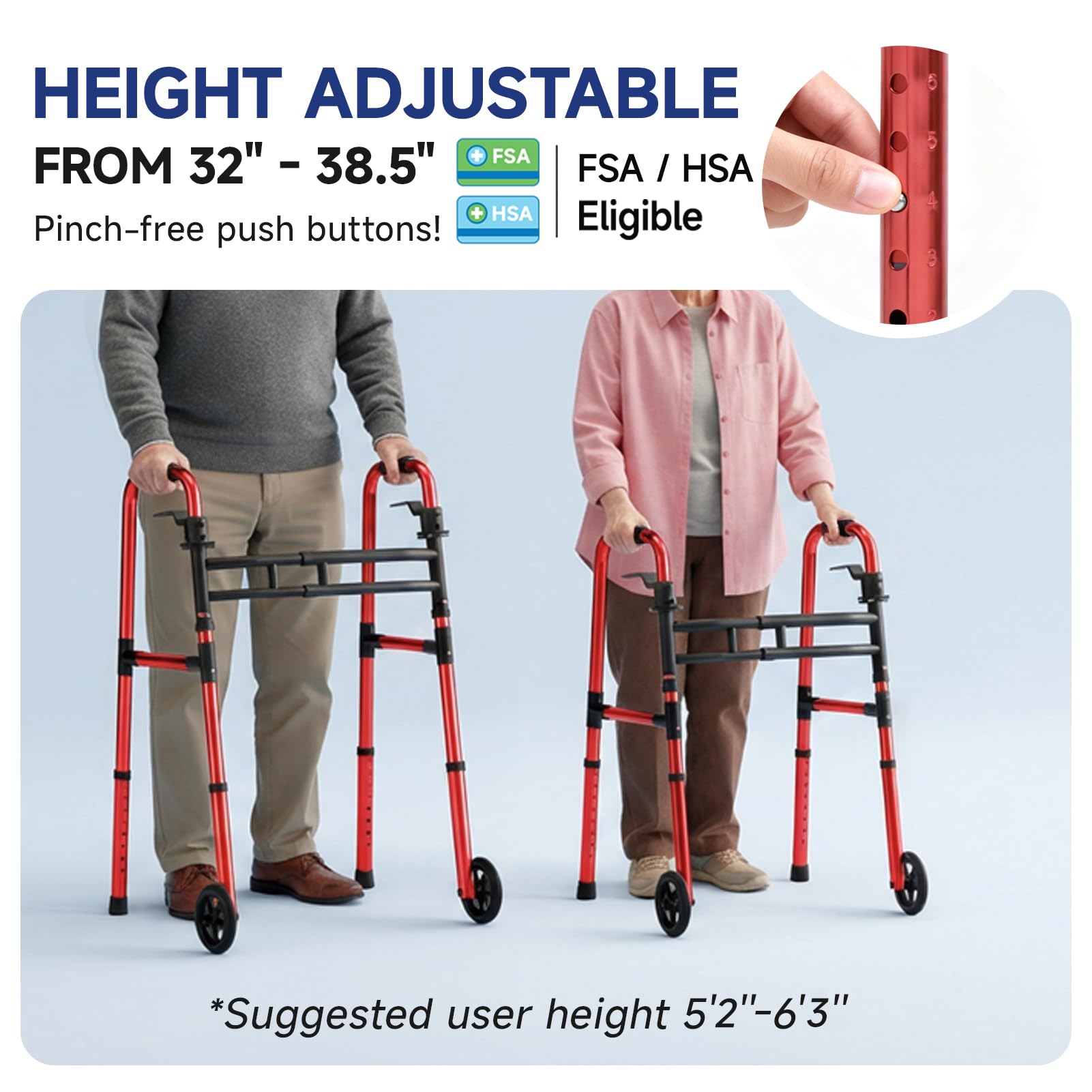 Loyoda Walkers for Seniors Foldable, Aluminum Lightweight Walker with Wheels, Adjustable Height & Width Standard Walkers for Elderly & Disabled, 350 lbs Capacity, Red