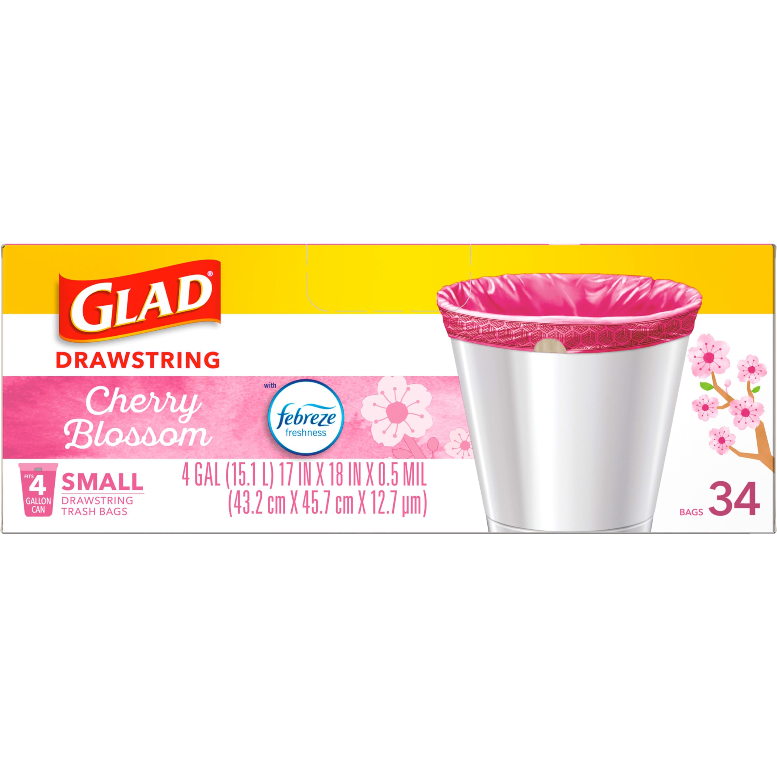 Glad Odorshield Small Drawstring Trash Bags, 4 Gal, Pink, Cherry Blossom, 34 Ct, Pack May Vary