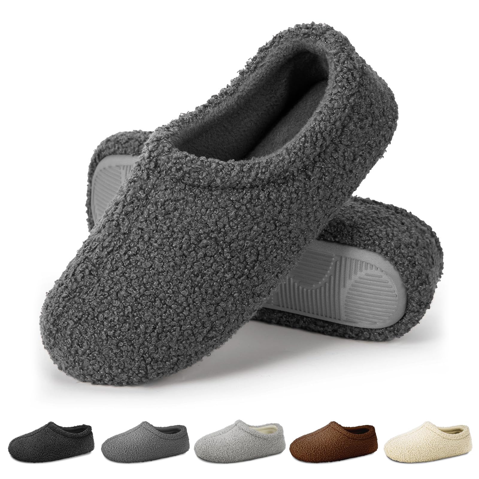 Homitem Slippers for Women Indoor Fuzzy Womens Mens Slippers Bedroom House Shoes with Memory Foam Curly Fleece for Indoor Outdoor (Size 9-10, Grey