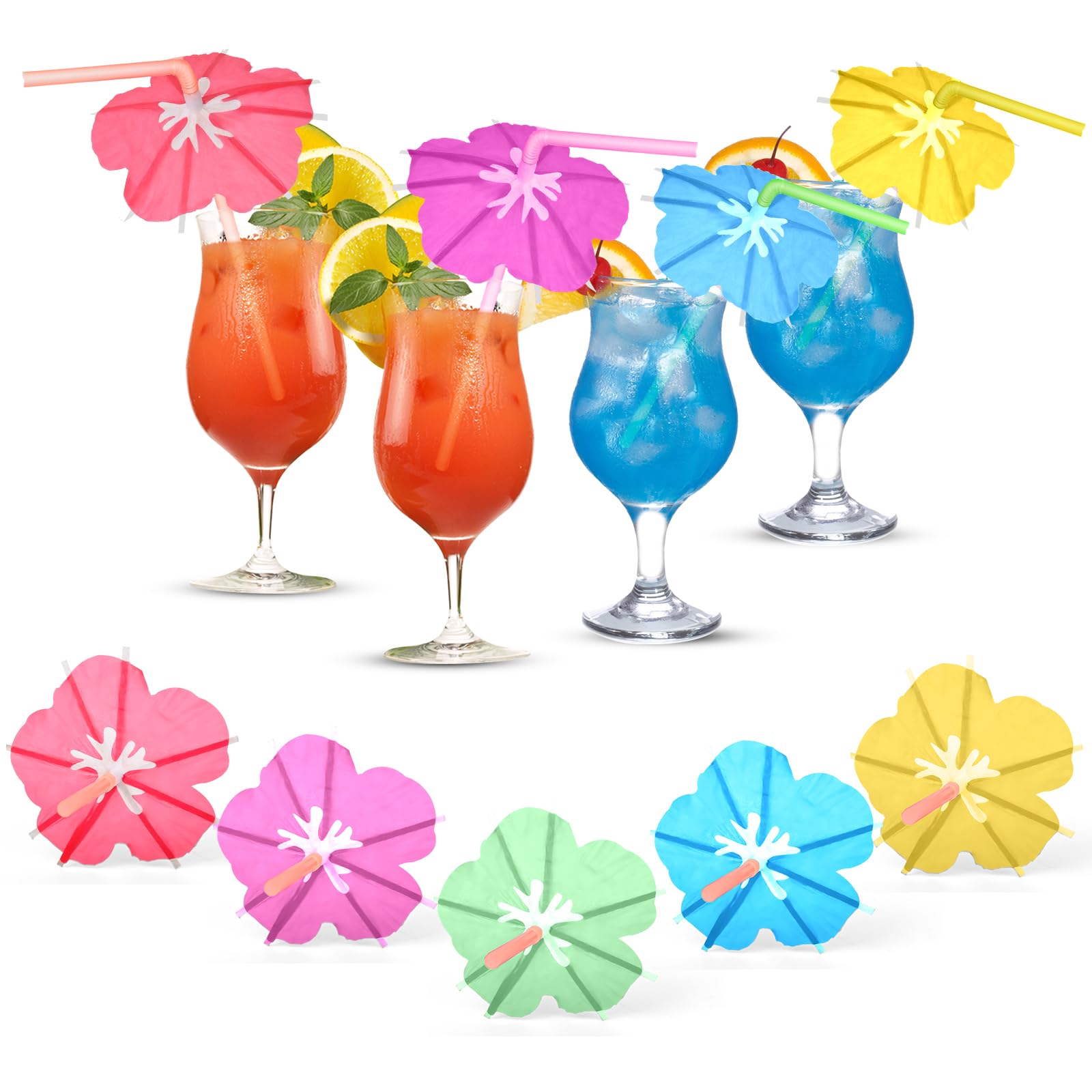 【100 PCS】Umbrella Straws for Drinks - Colorful Cocktail Straws with Mini Umbrellas, Tiki Party Supplies, Hawaiian Luau Tropical Theme, Parasol Drink Straws for Margarita, Pina Colada, Beverages.