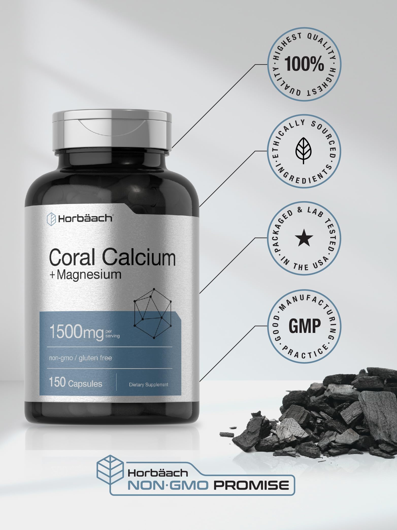 Horbäach Coral Calcium 1500mg 150 Capsules | Plus Magnesium | Non-GMO, Gluten Free Supplement