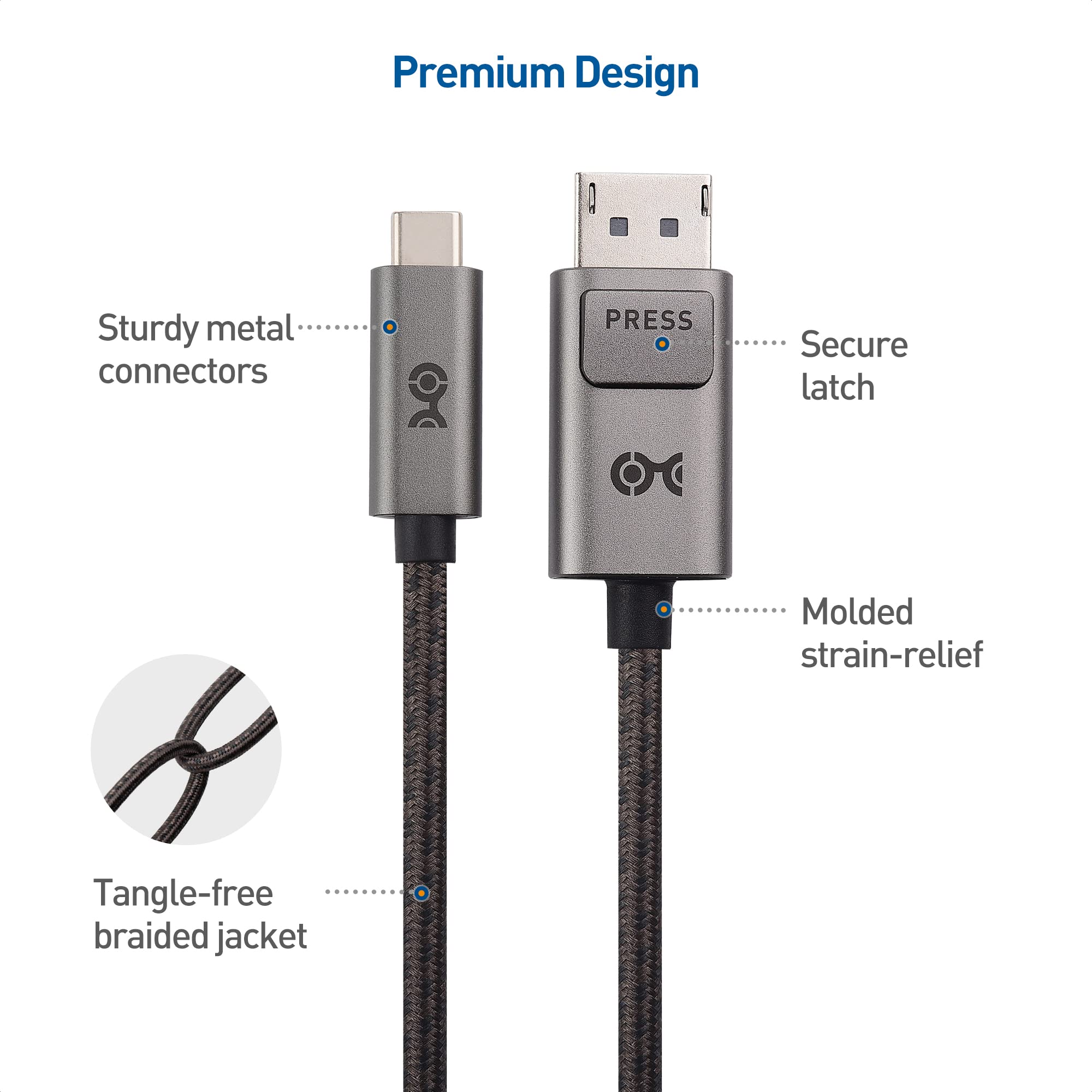 Cable Matters Braided USB C to DisplayPort 1.4 Cable 6ft, Support 4K@240Hz / 8K@60Hz (USB-C to DisplayPort, USB C to DP) in Gray - Thunderbolt 4 /USB 4 Compatible with MacBook, XPS