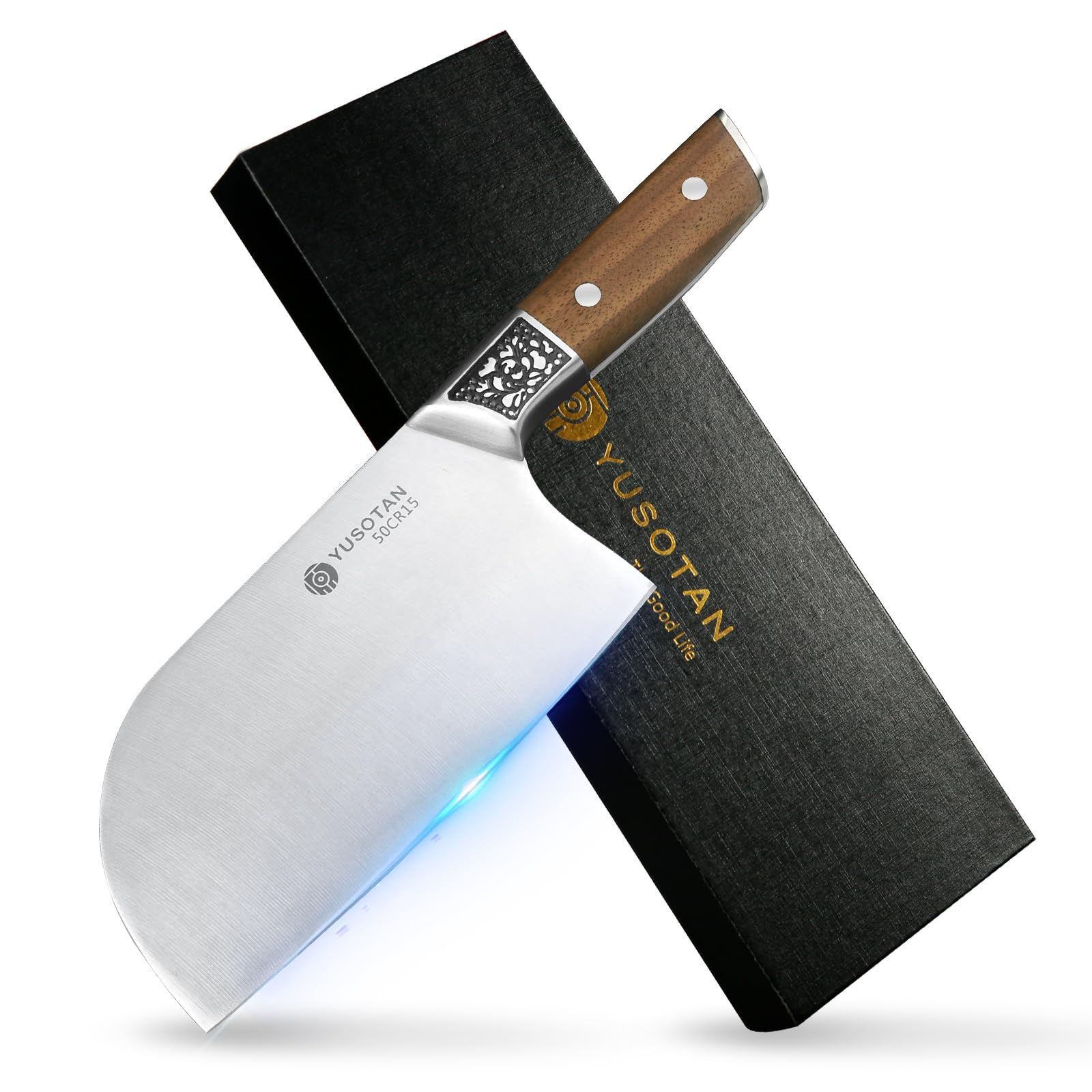 YUSOTAN Butcher Knife, 7-inch Sharp Japanese Chef Knife, Dual Purpose Cutting and Chopping, Japanese High Carbon Steel (50CR15) Cleaver Knife with Walnut Handle - Vegetable Knife in Gift Box