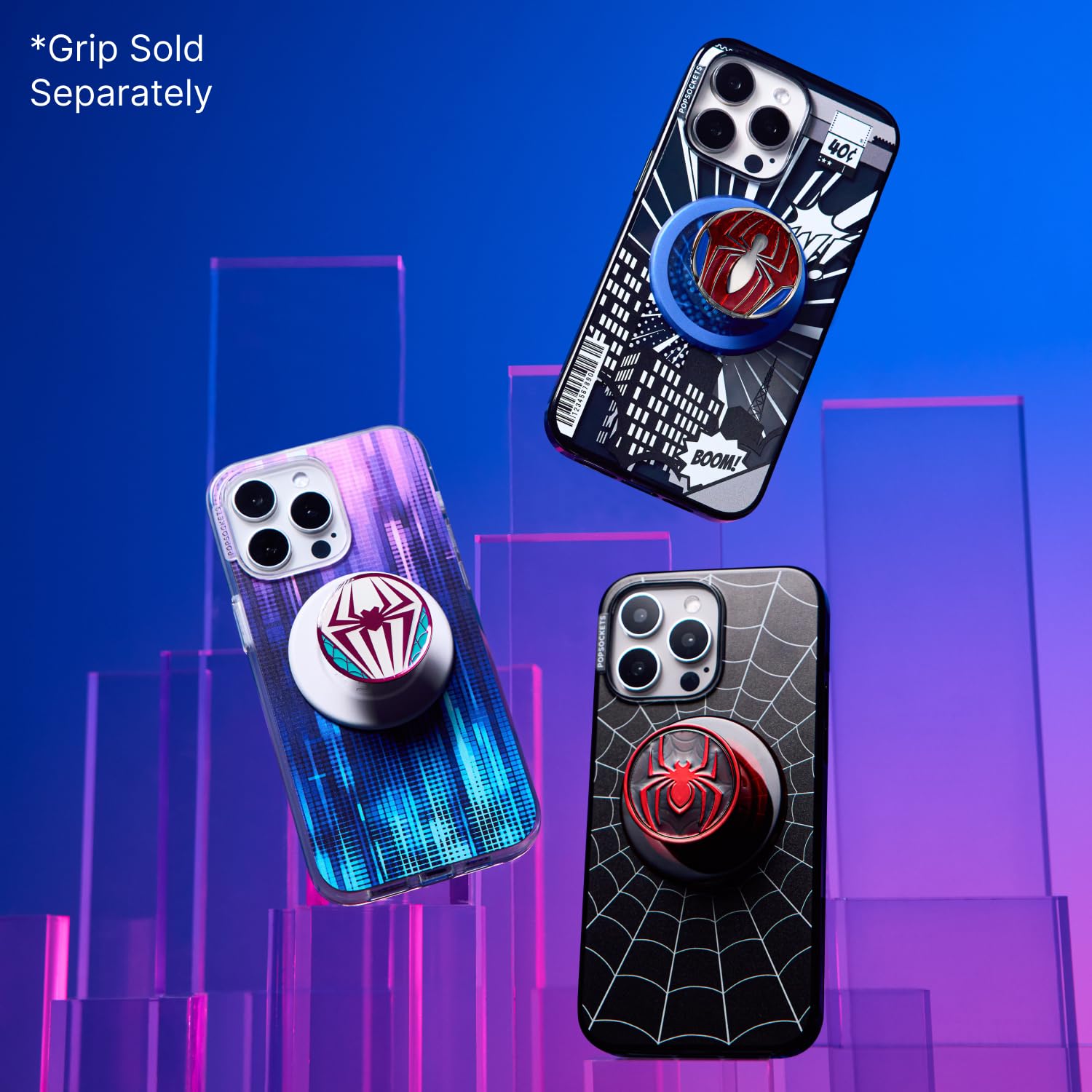 PopSockets iPhone 15 Pro Case with Round Phone Grip Compatible with MagSafe, Phone Case for iPhone 15 Pro, Wireless Charging Compatible, Spiderman - Black Web