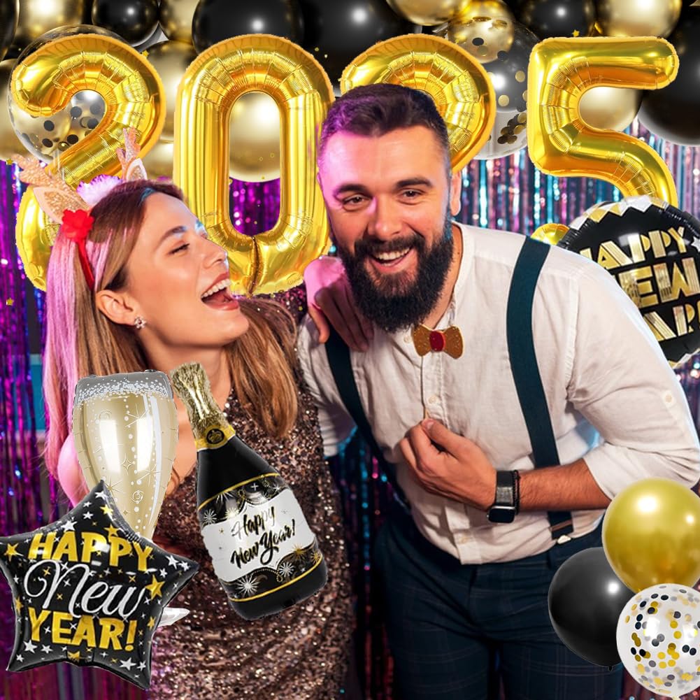 Happy New Year Party Decoration 2025 Foil Balloon Banner and Curtains Disco Balloons Champagne Balloon New Years Eve Black and Gold Party Supplies Decorations