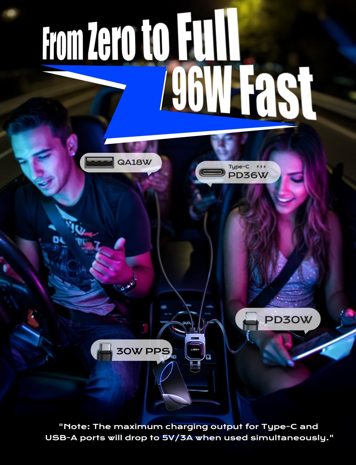 LISEN 96W Fast Charging Retractable Car Charger[USB C Cable & L Cable], 4 in 1 Retractable Car Charger Fast Charging Car Charger for iPhone 17 Pro Max 16 15 14 13, Samsung Galaxy S25/24,Black