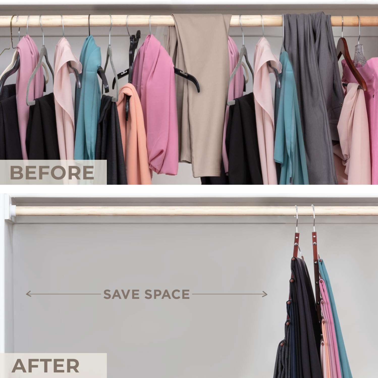 MORALVE Pants Hangers Space Saving - 2 Pack European Beechwood Scarf Hangers - Closet Organizer Jean Hangers - Scarf Holder Closet Space Saving Hangers - Pant Rack Leggings Hanger Space Saver