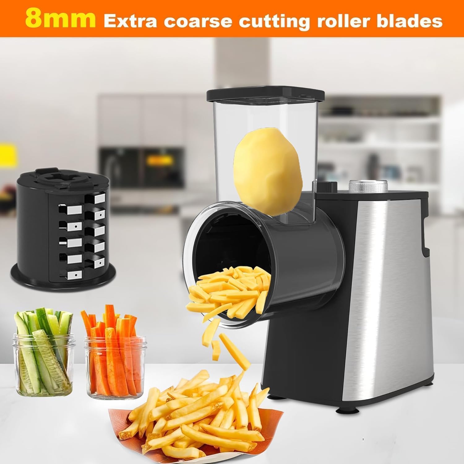 Electric Cheese Grater Upgraded, Salad Maker Machine with 6 Different Shapes of Blades.400W Cheese Shredder,Electric Slicer,Electric Salad Machine for Cheeses, Fruits, Vegetables