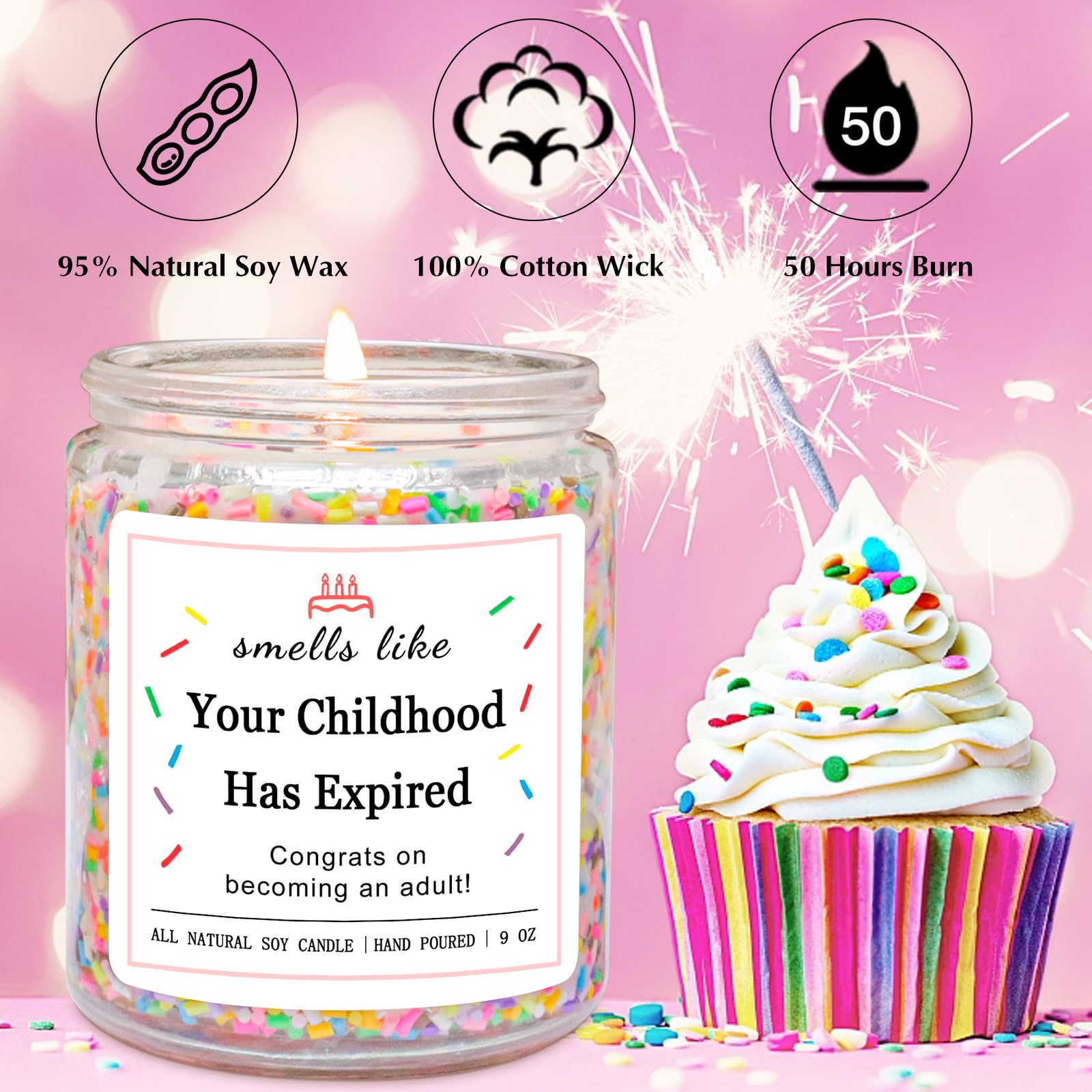 Homsolver 18th Birthday Gifts for Girls Boys, Birthday Candles Gifts for 18 Year Old Girls Boys, Your Childhood Has Expired Handmade Candles (Vanilla Birthday Cake Scent with Sprinkles)