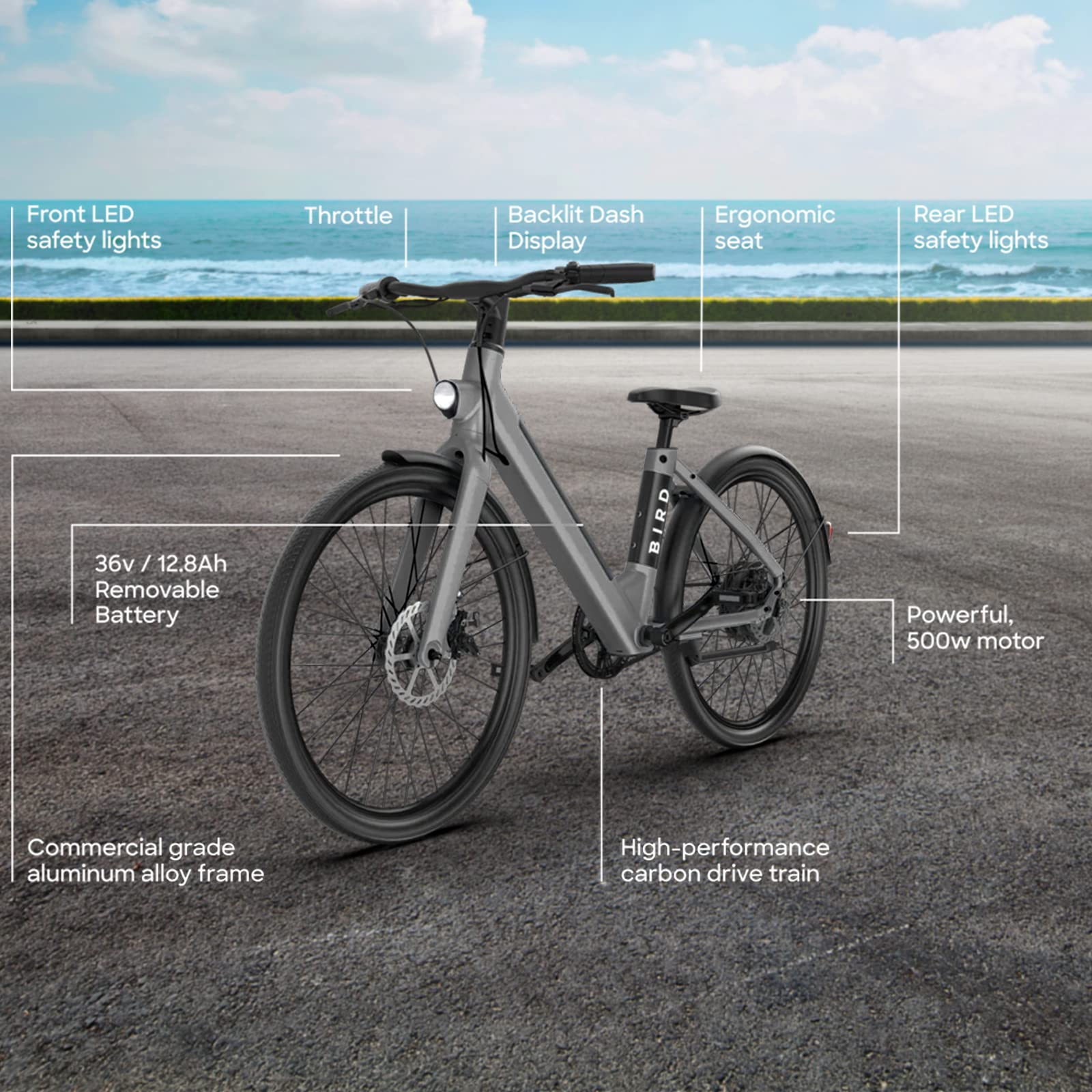Bird Electric Bike for adults 500W Motor, 20MPH EBike woman with 36V Removable Battery- LCD Display, Disc Brake, 26" Tire, manual throttle, Carbon Belt Drive, Adults Electric Commuting Bicycle Gray