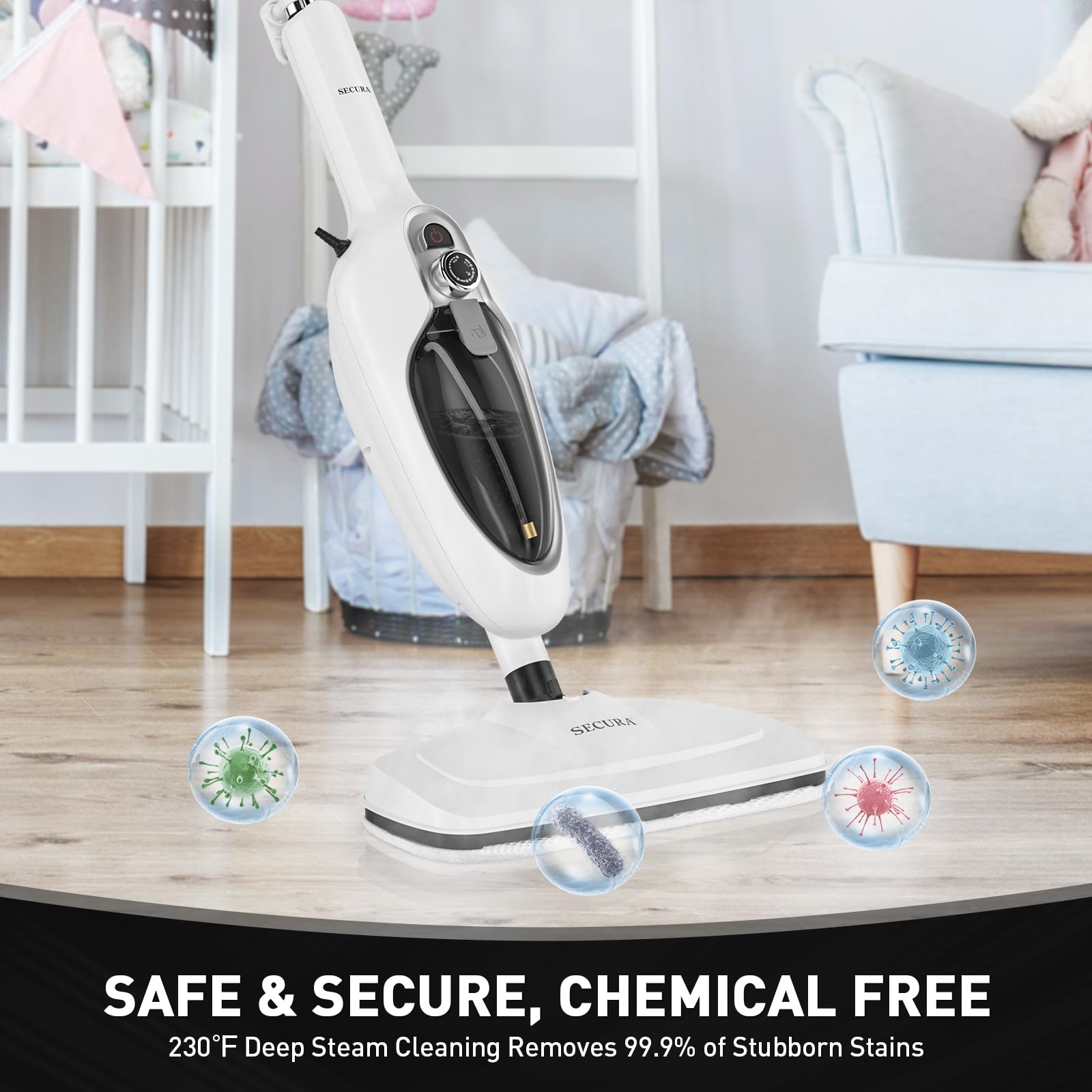 Secura Steam Mop 10-in-1 Convenient Detachable Steam Cleaner, White Multifunctional Cleaning Machine Floor Steamer with 3 Microfiber Mop Pads