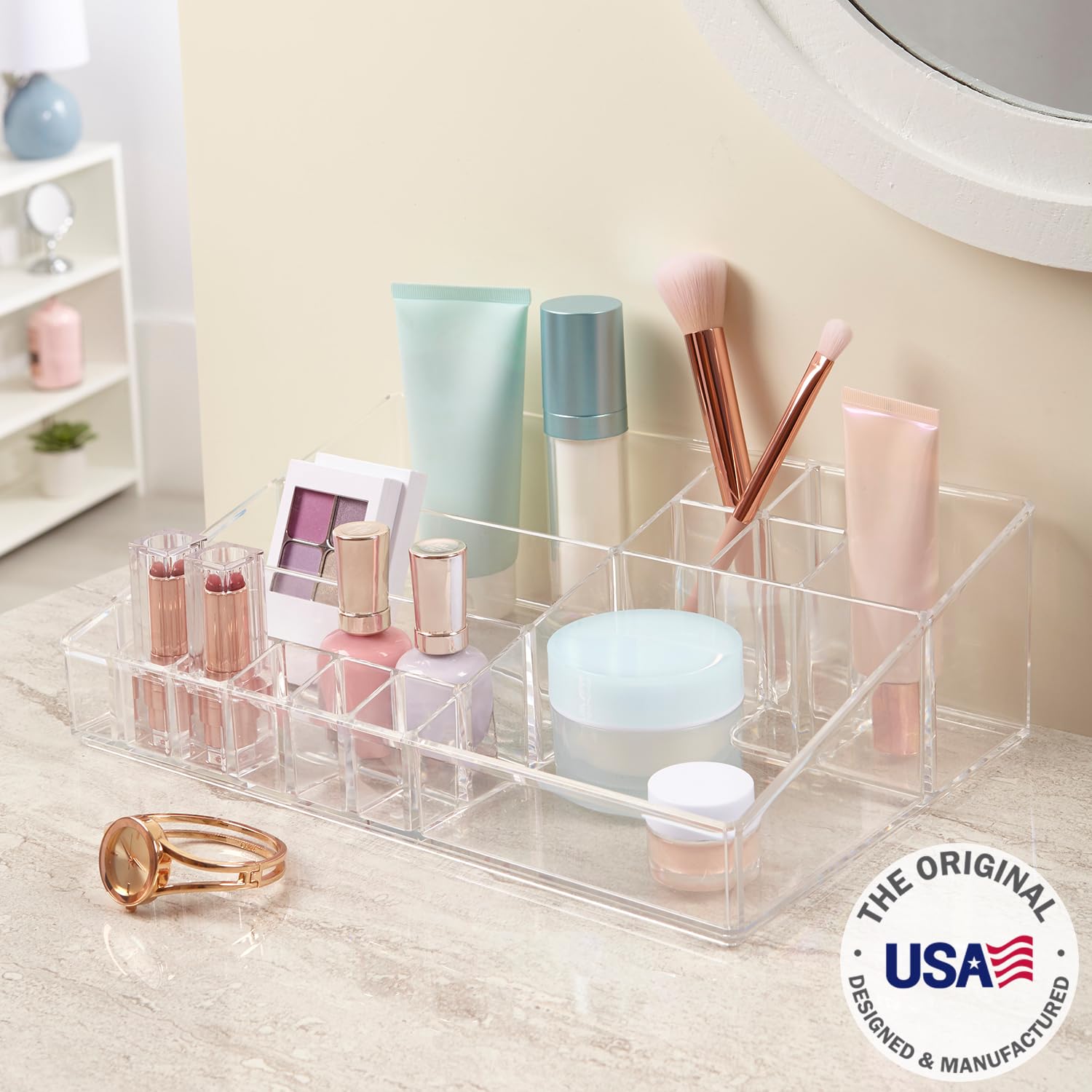 STORi Audrey Clear Vanity Makeup Organizer | 15-Compartment Holder for Brushes, Eyeshadow Palettes, & Beauty Supplies | Stacks on Audrey Storage Drawers | Made in USA