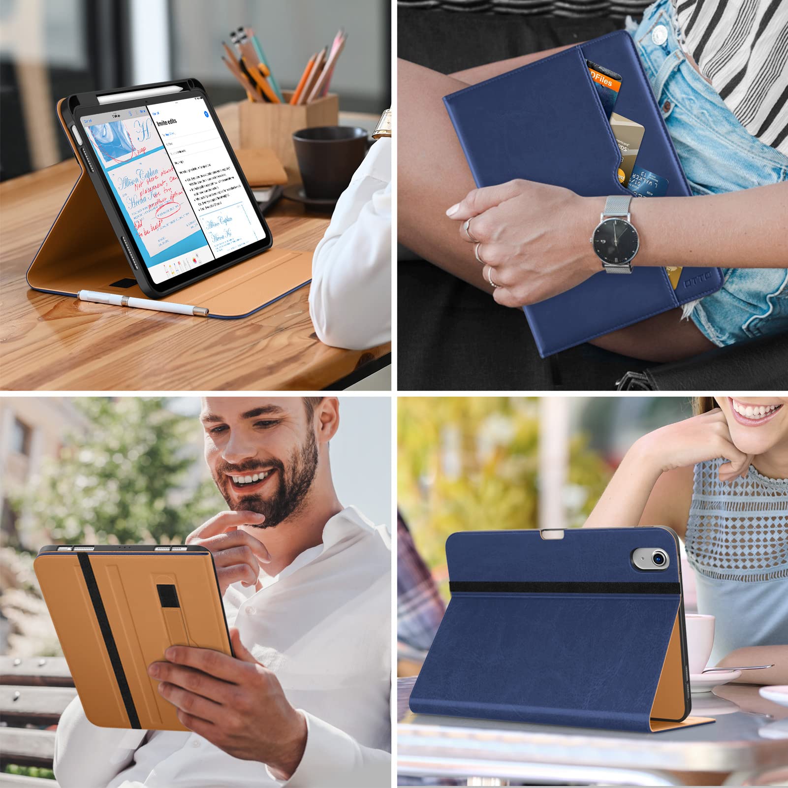 DTTO for iPad 10th Generation Case 10.9 Inch 2022, Premium Leather Business Folio Stand Cover with Pencil Holder - Auto Wake/Sleep and Multiple Viewing Angles, Navy Blue