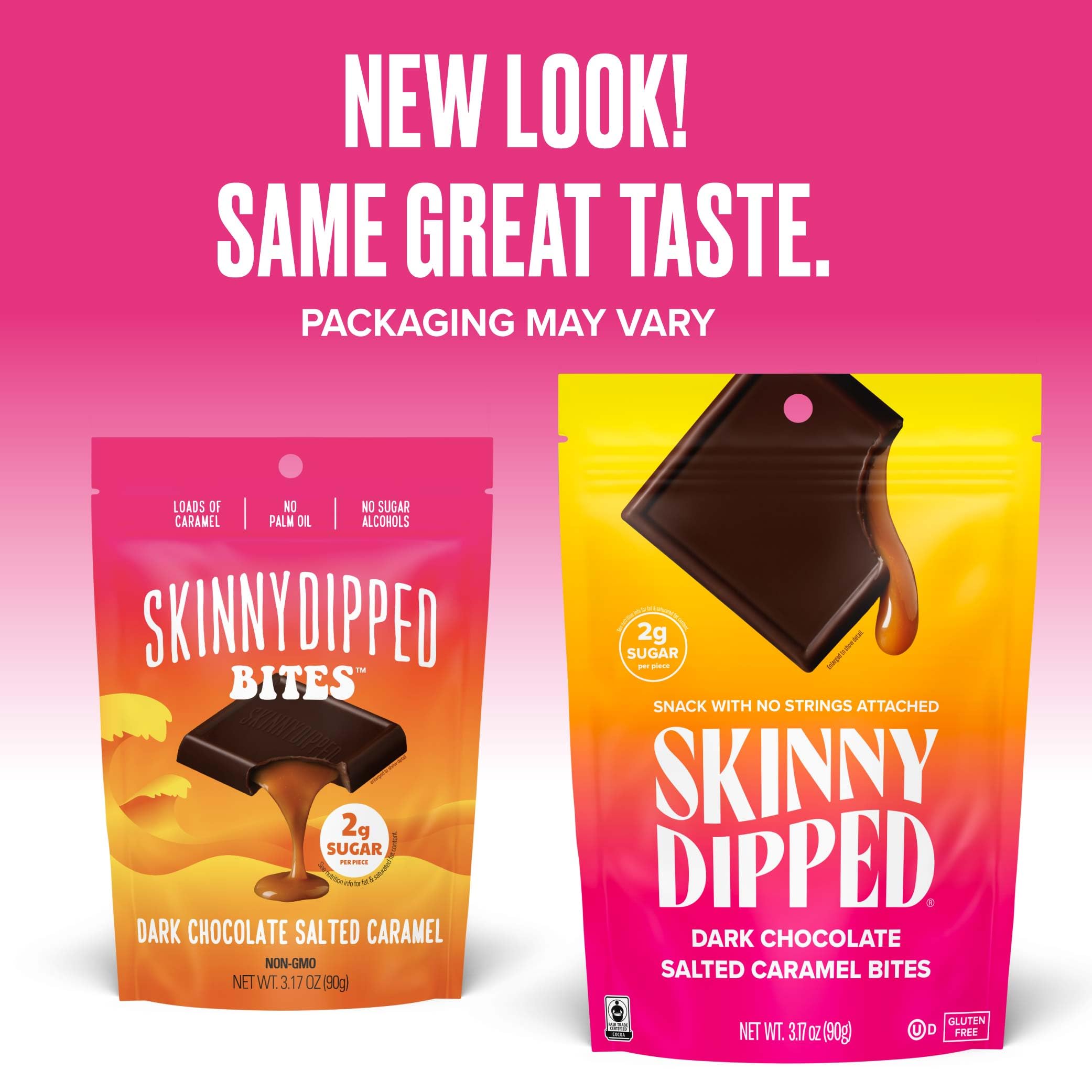 SkinnyDipped Dark Chocolate Salted Caramel Bites, 2g Sugar per Piece, Keto Friendly, No Palm Oil, Gluten Free, 4 Pack