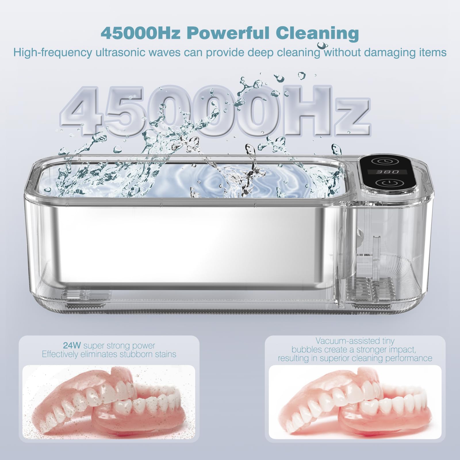 SWAREY Ultrasonic Retainer Cleaner Jewelry Rings Dentures 23oz (680ML) 360° Deep Cleaning 45KHz Professional Lab Ultrasonic Glasses Cleaner with 5 Digital Timer and Watches Stand Sonic Cleaner Machine