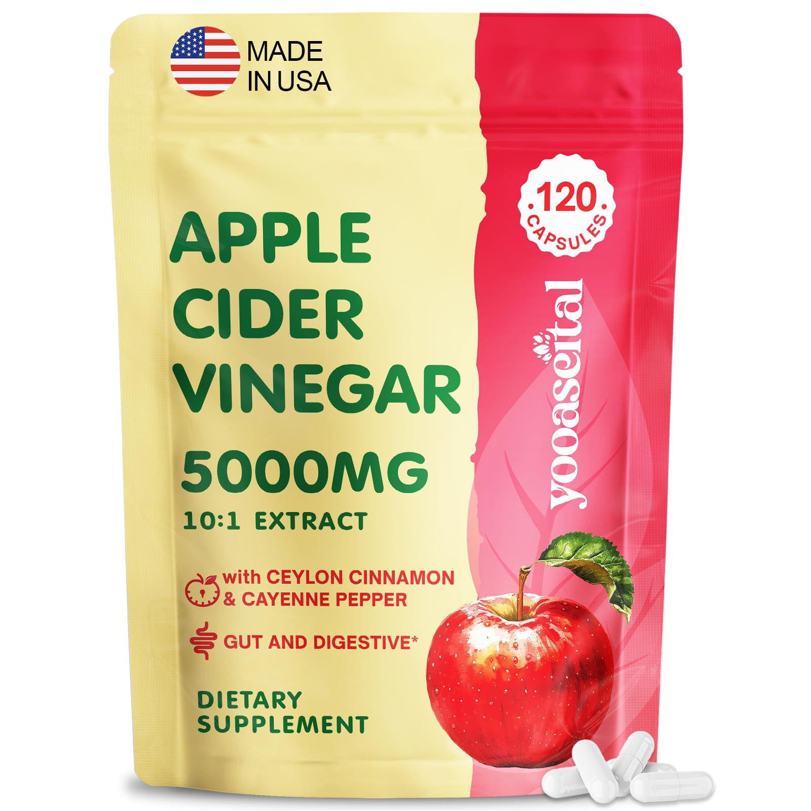 Apple Cider Vinegar Capsules with Mother, Max Strength 5000mg ACV Pills Supplements with Organic Cayenne Pepper & Ceylon Cinnamon, Probiotics for Diet, Digestion, Detox, Immune, Vegan, Non-GMO, 120 Ct