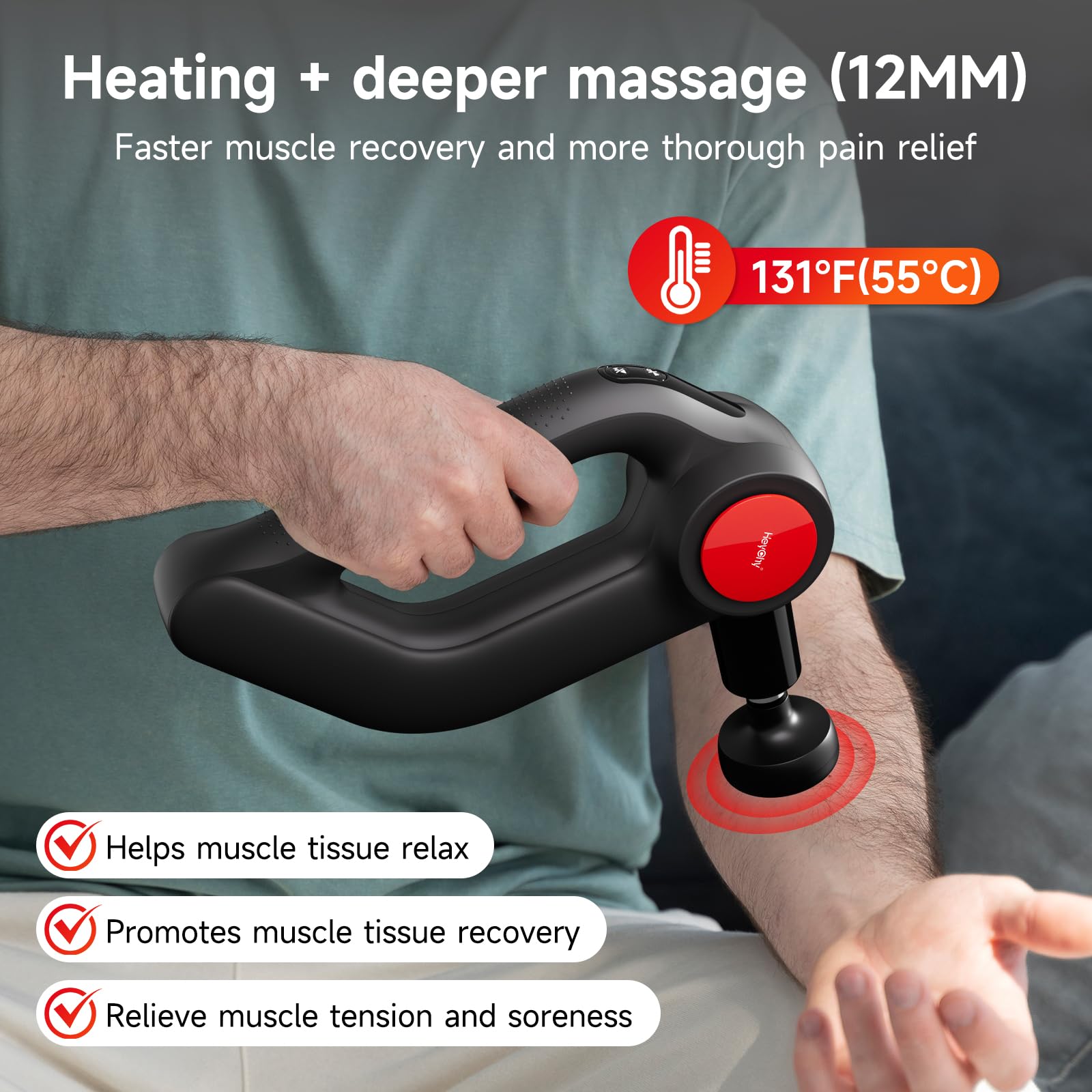 HEYCHY Massage Gun Deep Tissue with Heat, 90°Adjustable Percussion Massager with 12mm Amplitude, Type-C Charging, Carry Case, 4 Speed Modes for Athletes Workout Pain Relief, New Year Gifts (Black)