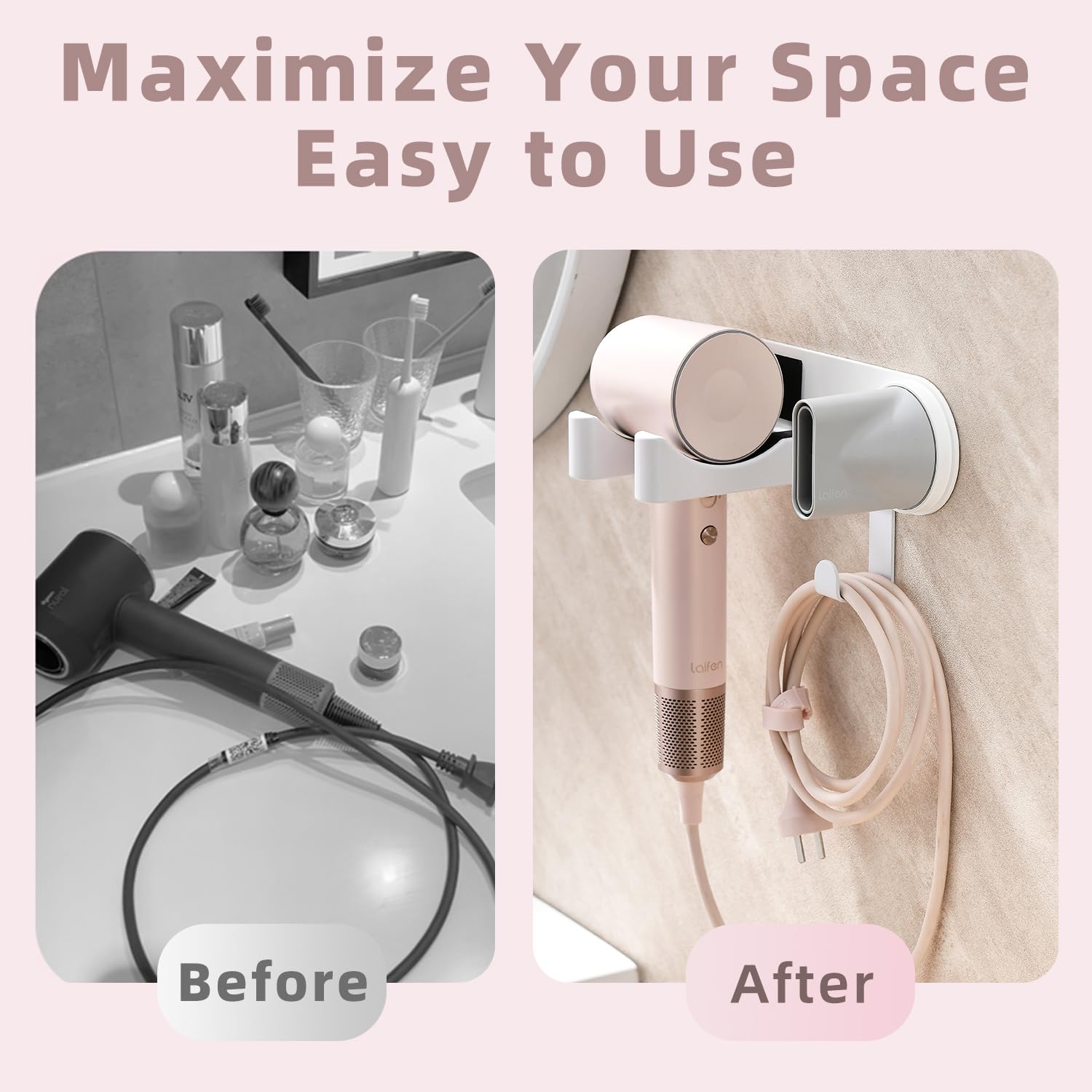 Hair Dryer Holder Wall Mounted, Hair Dryer Organizer Self Adhesive Compatible with Dyson Blow Dryer Holder Aluminum BlowDryer Holder Wall Mounted for Bathroom White CHOCHOYAH