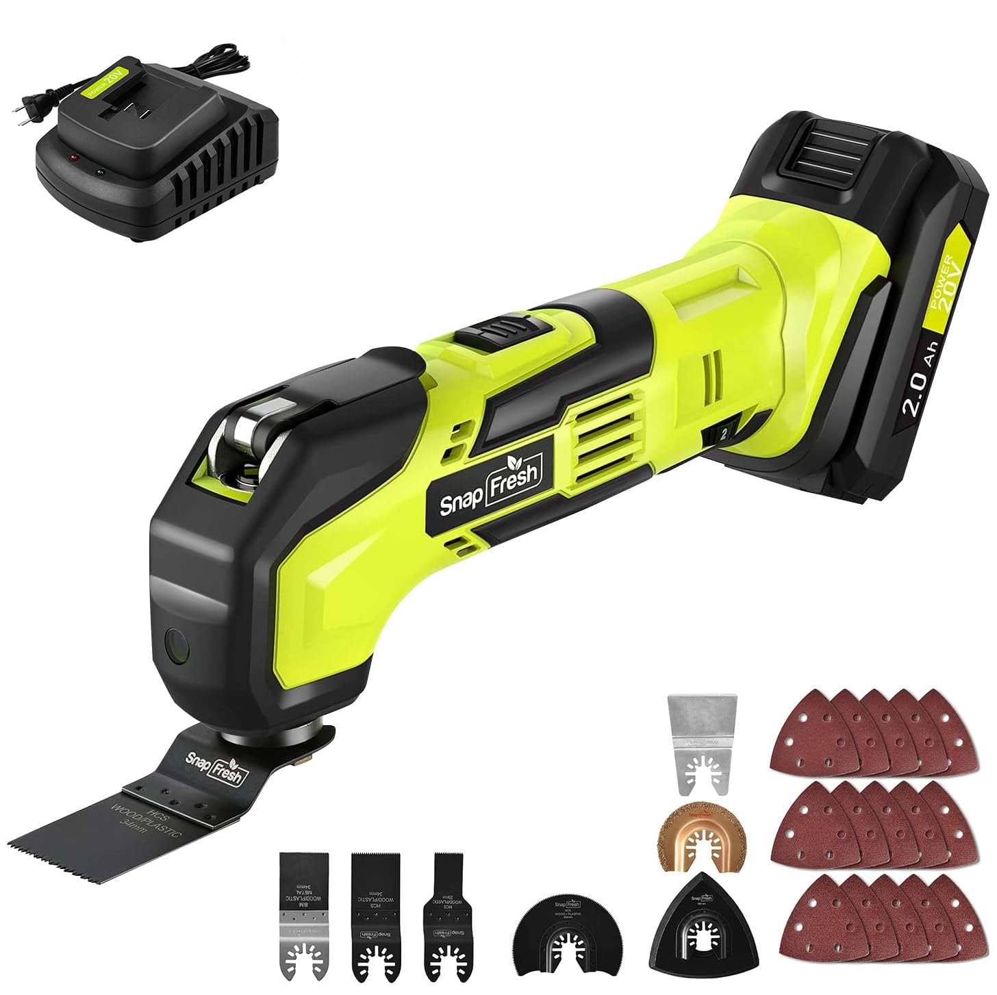 SnapFresh Oscillating Multi Tool Cordless, 20V DIY Tool Kit, 6 Speed, 3.2°Oscillation Angle, Quick-Lock Replaceable, 24pcs Accessories, Battery & Fast Charger, For Scraping, Blades Sanding, Cutting