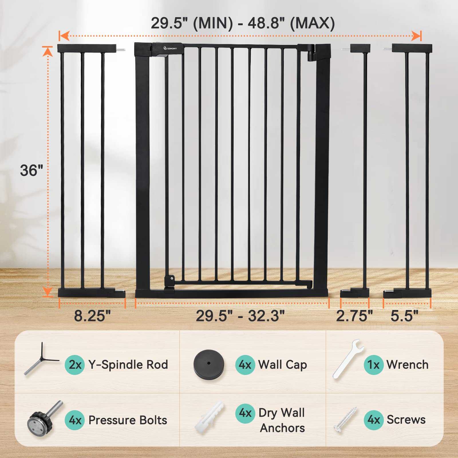 COMOMY 36" Extra Tall Baby Gate for Stairs Doorways, Fits Openings 29.5" to 48.8" Wide, Auto Close Extra Wide Dog Gate for House, Pressure Mounted Easy Walk Through Pet Gate with Door, Black