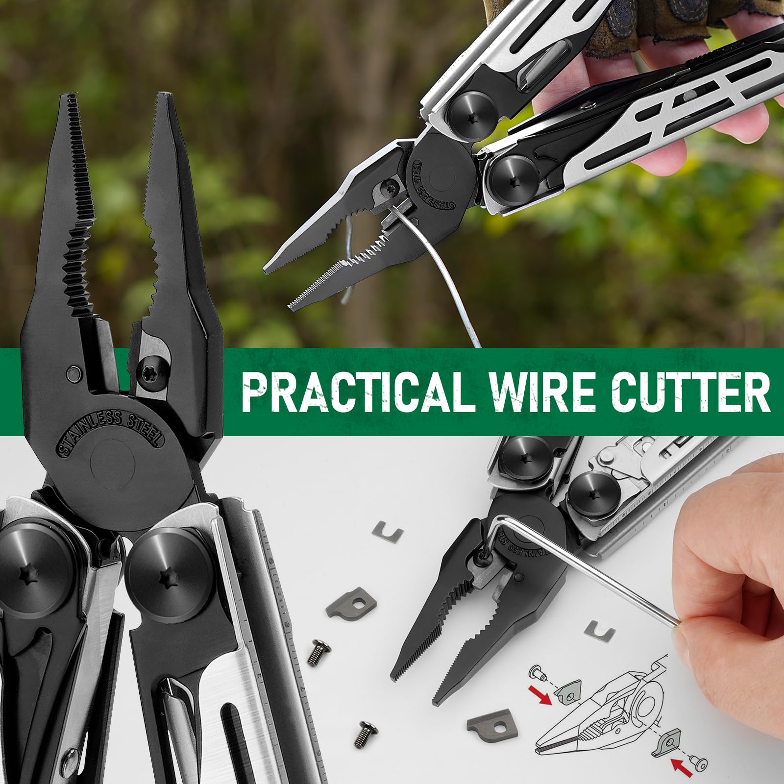 BIBURY Multitool Pliers Pro BI2045, Foldable Multitools with Replaceable Wire Cutters and Saw, Stainless Steel Multi Tool w/Upgraded Scissors and Screwdriver Set, Ideal for Camping, Fishing, Survival