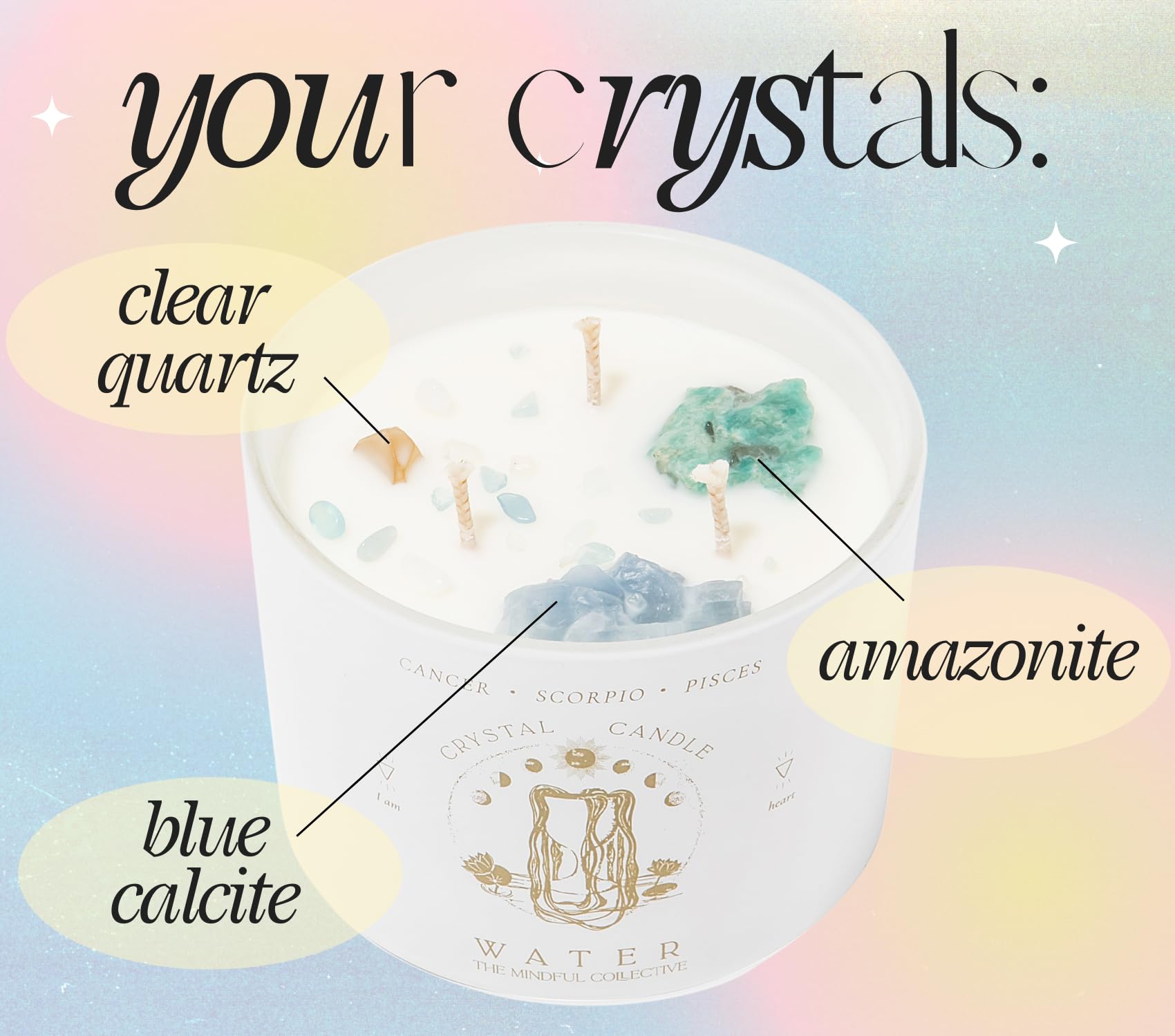 Pisces, Cancer, Scorpio Gifts for Women - 12oz Crystals and Healing Stones Crystal Candle. Zodiac Candle, Spiritual Birthday Gifts for Women. 3 Wick Aromatherapy Soy Candles for Home Scented