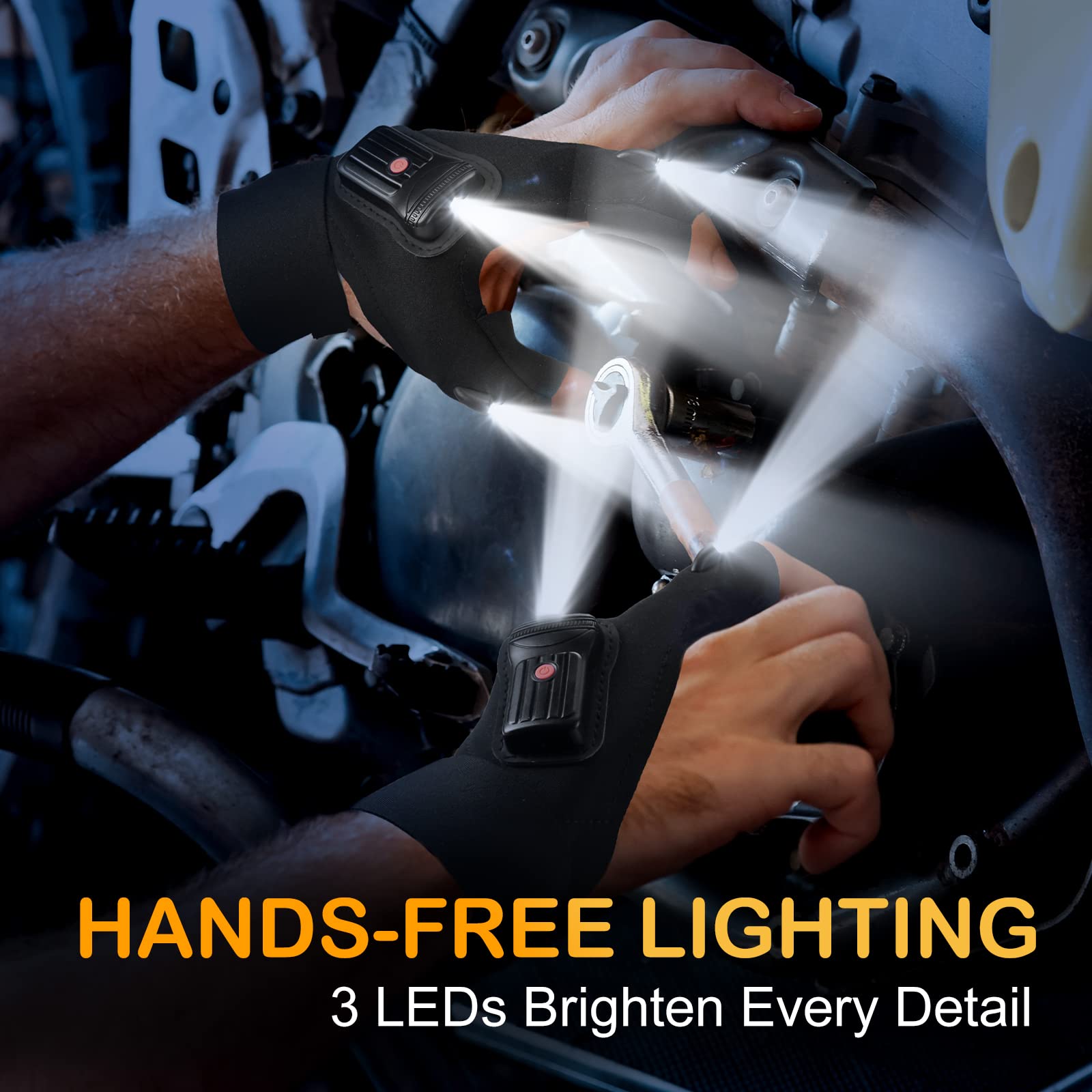 Flashlight Gloves for Men Rechargeable (1 Pair) Stocking Stuffers for Men Dad Him Husband Teen Boys, Christmas Birthday Gifts Cool Gadgets Led Gloves for Fishing Camping Repairing