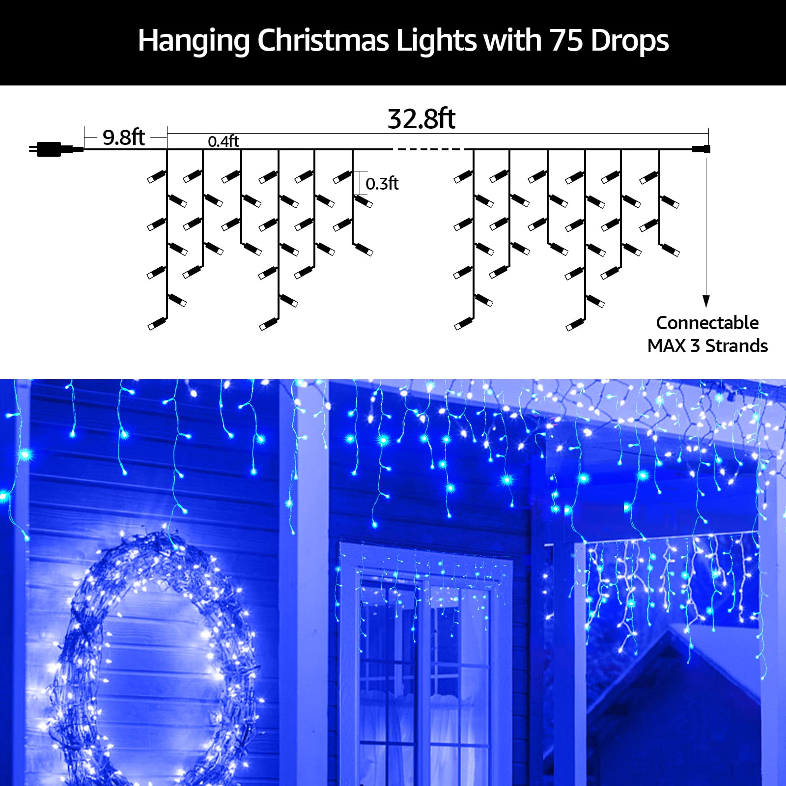 KiflyTooin Led Christmas Lights Outdoor Christmas Decorations Hanging Lights 400LED 8 Modes 75 Drops, Waterproof Outdoor Indoor Fairy Christmas Lights for Party, Holiday, Wedding Decorations (Blue)