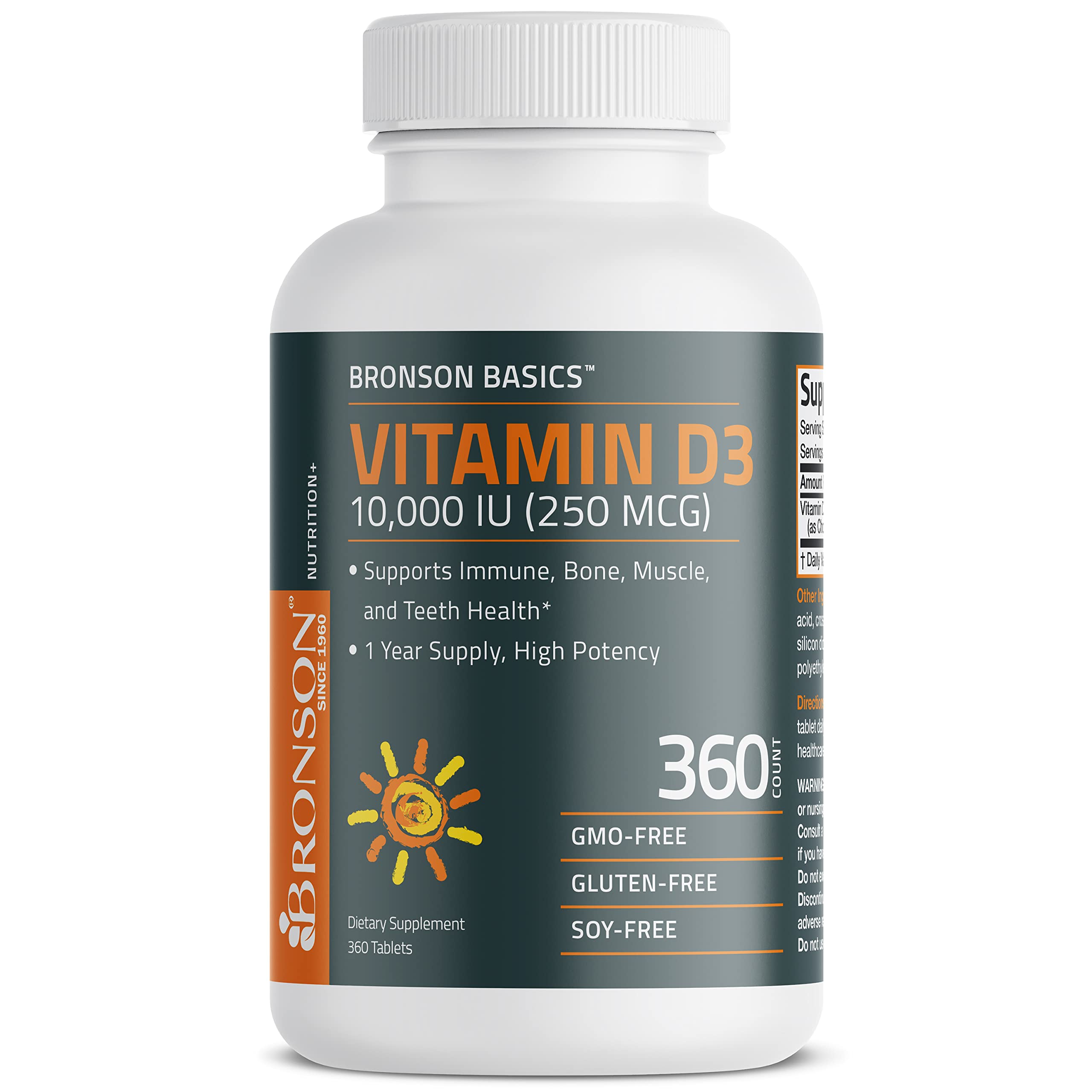 Bronson Vitamin D3 10,000 IU (250 MCG) 1 Year Supply for Healthy Muscle Function and Immune Support, Non-GMO, 360 Tablets