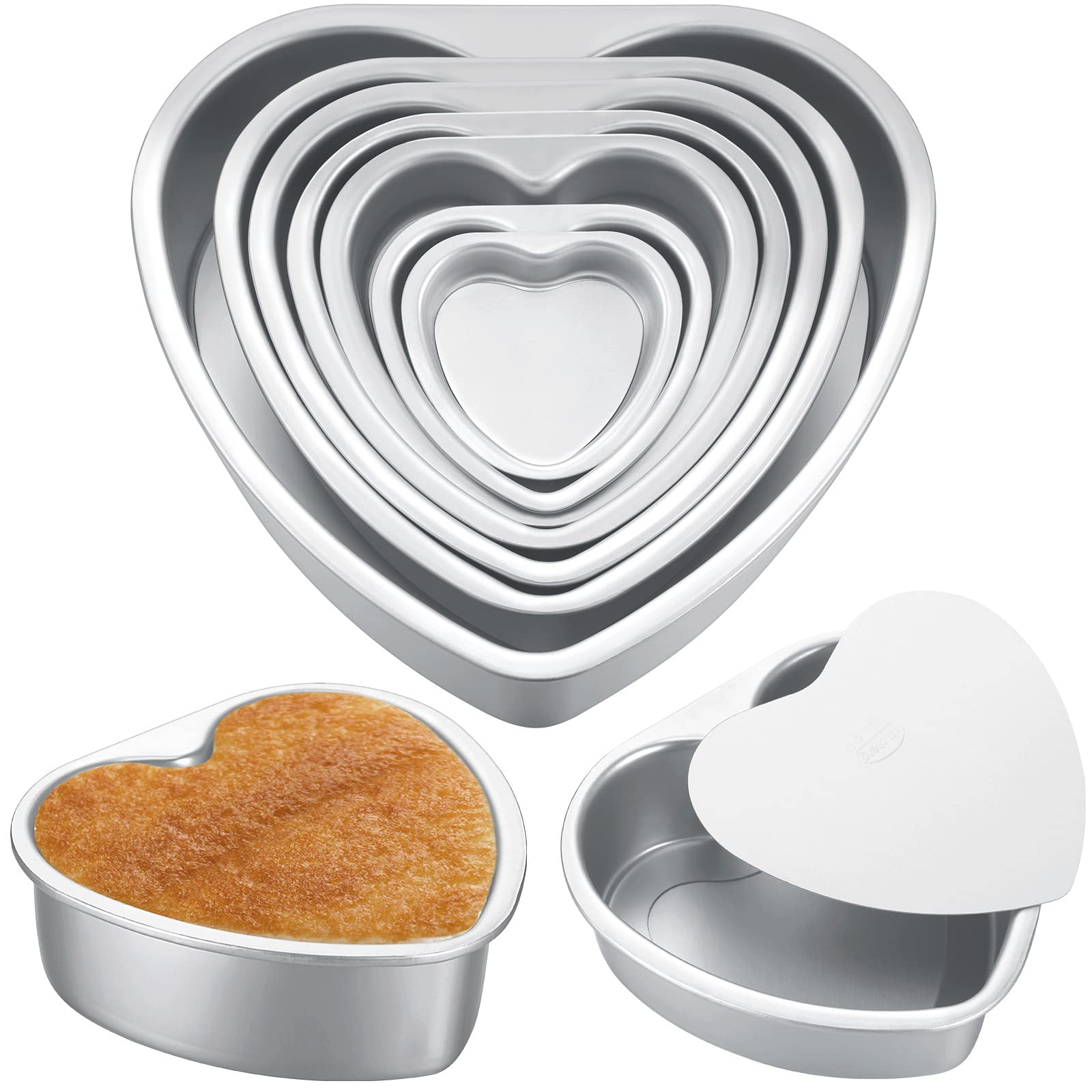 Sieral 7 Pcs Aluminum Heart Shaped Cake Pans Set 3/4/ 5/6/ 8/10 Inch DIY Nonstick Baking Pan with Removable Bottom Cake Dessert Baking Mould Supplies