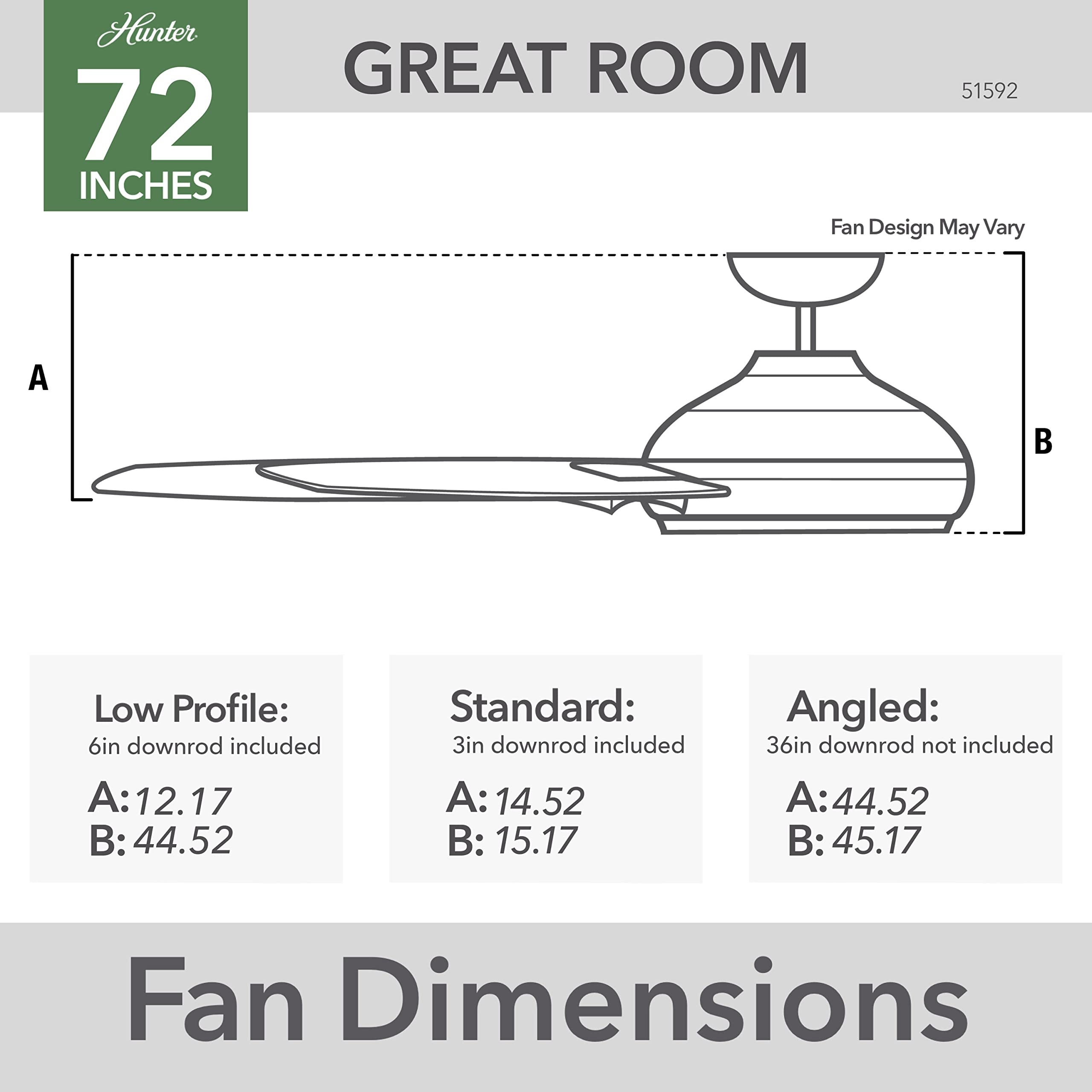 Hunter 51592 Downtown Ceiling Fan 72 inches Matte Black