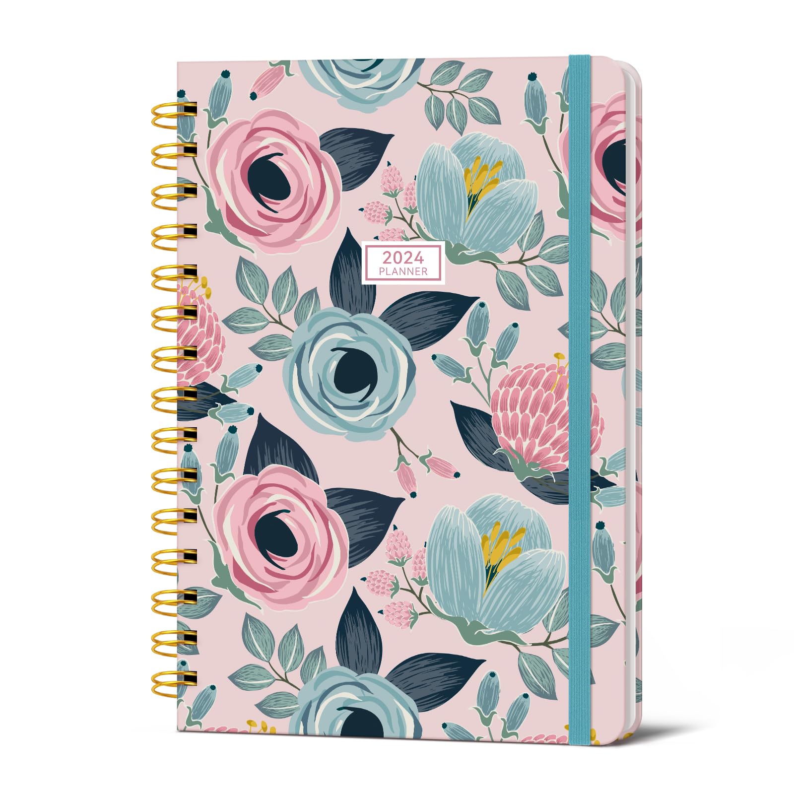 GETINK 2024 Planner Daily Weekly and Monthly for Women, Jan.2024 - Dec.2024, Hardcover Agenda 2024 Calendar Planner Book with Monthly Tab, Spiral Bound, Inner Pocket,7.5”×10” Floral Blue