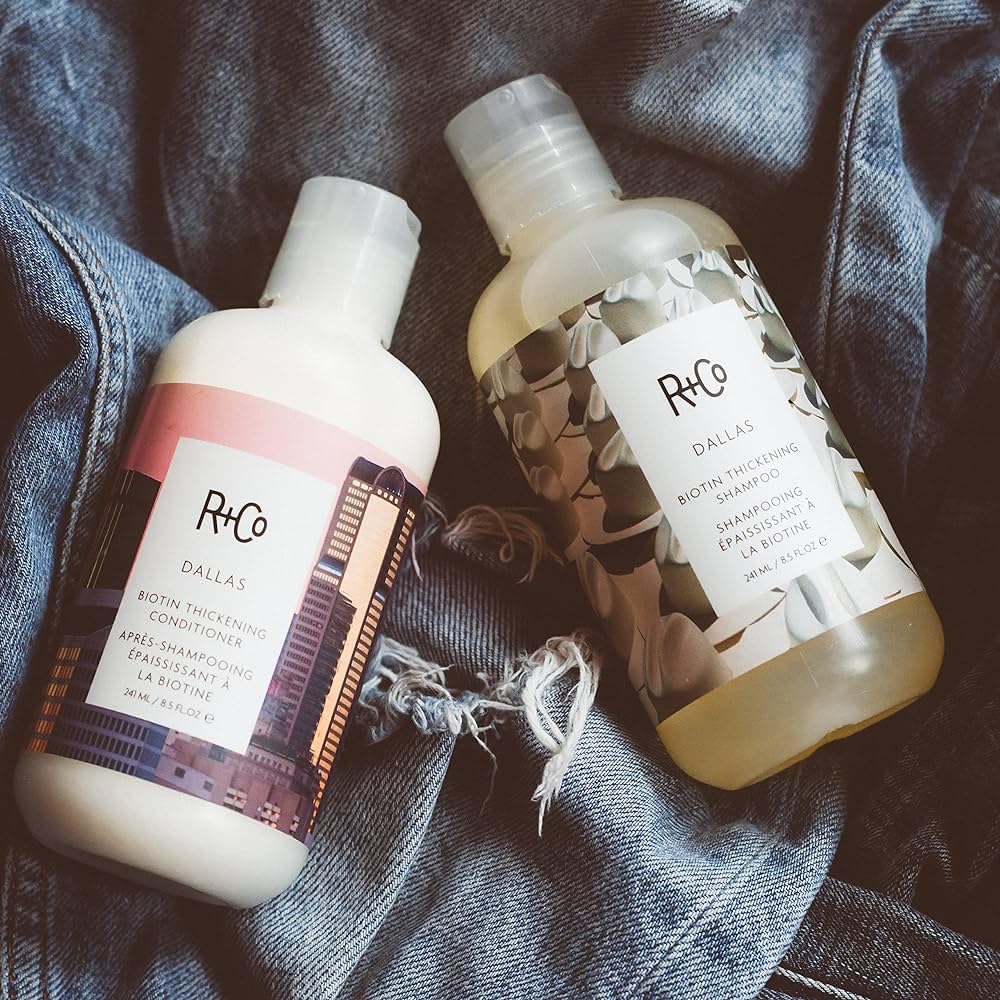 R+Co Dallas Biotin Thickening Shampoo and Conditioner Set (8.5 Oz) + Cool Wind pH Travel Size (.5 Oz) | Thickens + Nourishes + Strengthens | Set of 3