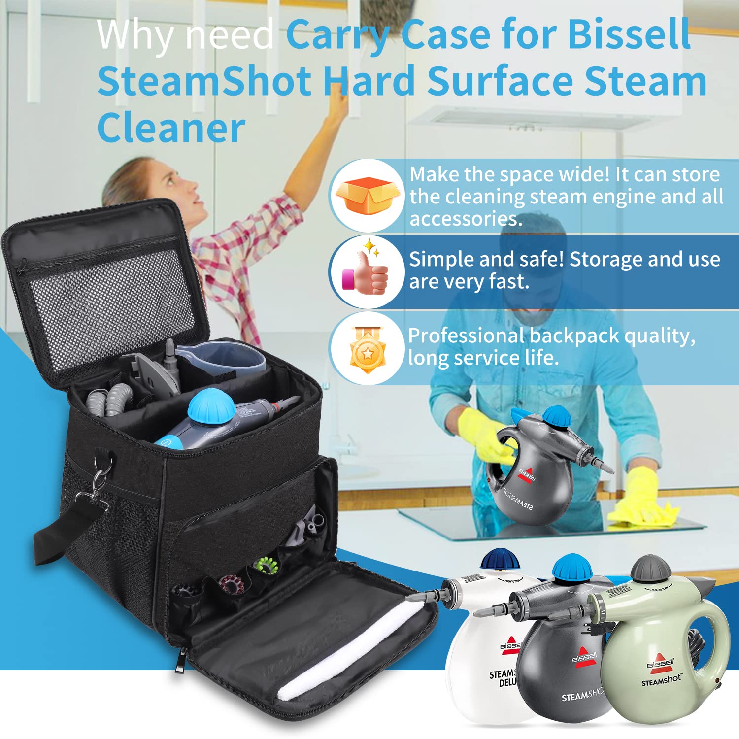 Carry Case Compatible with Bissell SteamShot Hard Surface Steam Cleaner 39N7V/39N7A,Adjustable Compartments Steam Cleaner Storage Bag,Storage Bag with Extra Pockets for Accessories(Bag Only!)