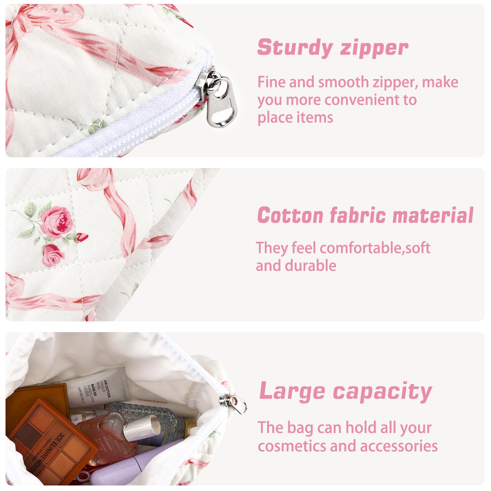 URSKYTOUS 3Pcs Cotton Quilted Makeup Bag for Women Girls Large Small Travel Floral Cosmetic Bags Set Cute Coquette Pink Makeup Pouch for Purse Aesthetic Cloth Flower Storage Toiletry Bag Organizer