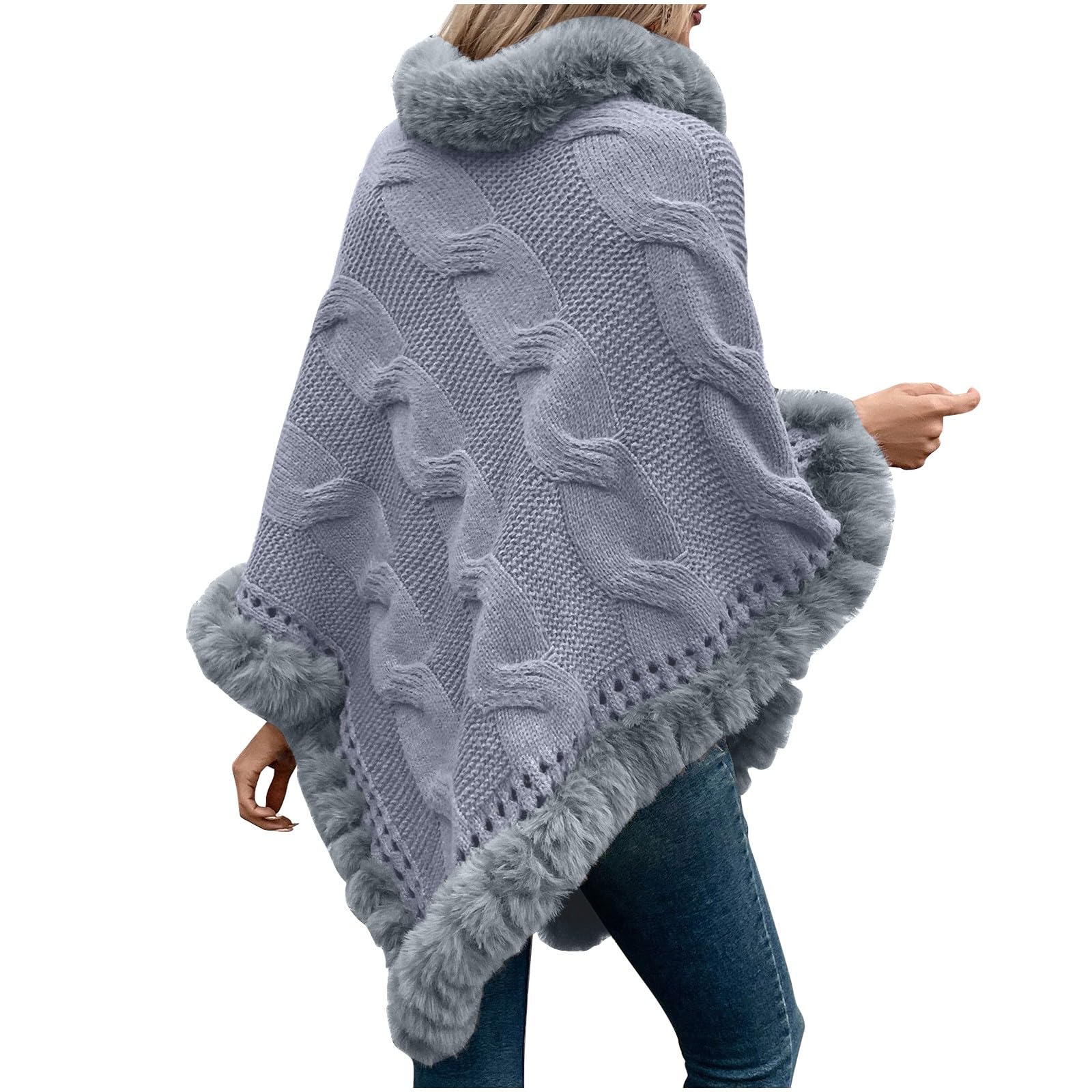 Women Fall Shawl Wrap Loose Winter Warm Faux Fur Collar Cape Sweater Jacket Cable Knit Shawls Scarf Poncho Irregular Top Gray