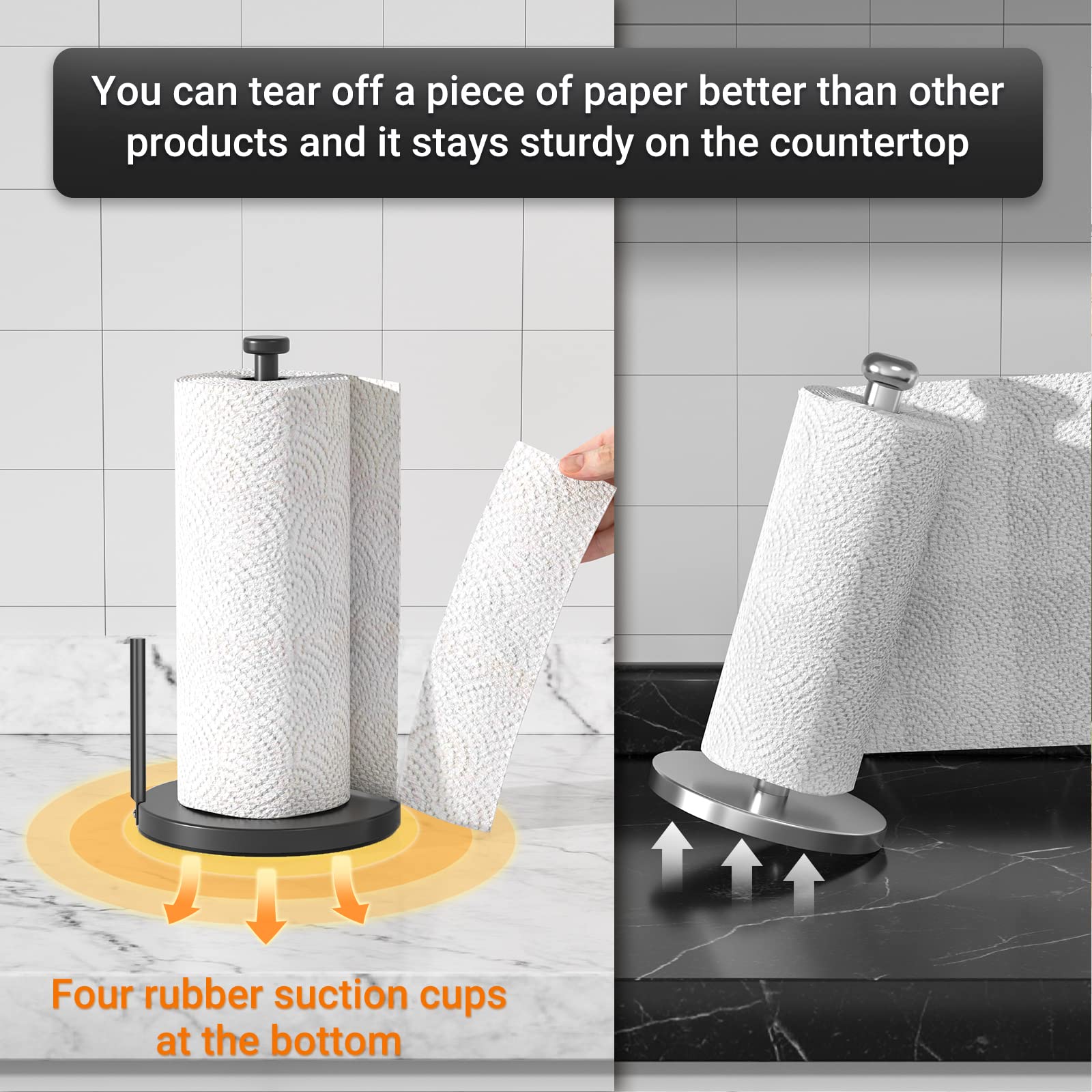 Swaitee Paper Towel Holder Countertop, Paper Towel Stand with Ratchet System for Kitchen Bathroom, One-Handed Tear Paper Stainless Steel Paper Towel Holder with Suction Cups
