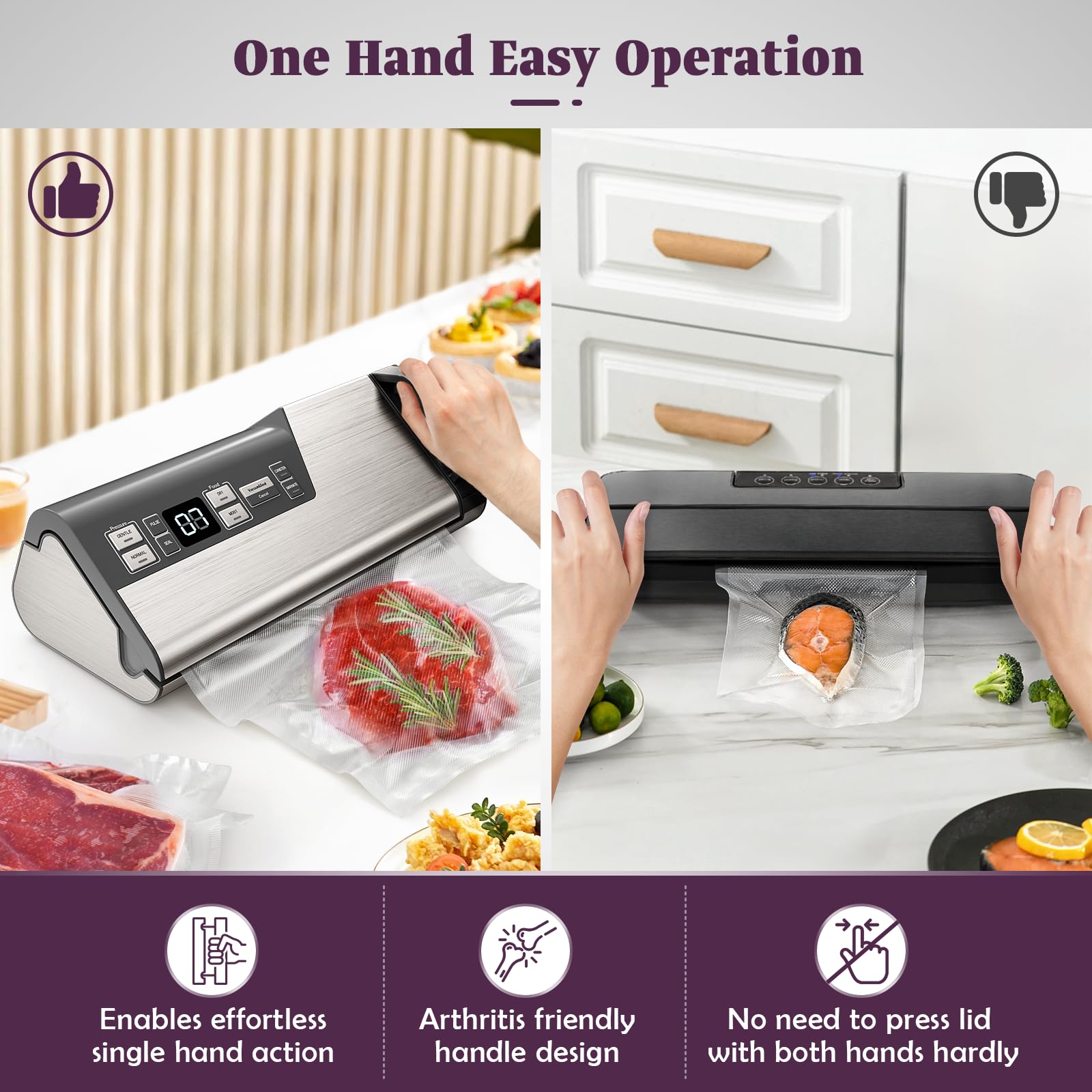 Mesliese Vacuum Sealer Machine, Powerful 95kPa 140W One Hand Operation Food Sealer, Double Seal Strip with Build-in Cutter & Countdown Display, 2 Bag Rolls, 5PCS Pre-cut Bags, PULSE & Marinate