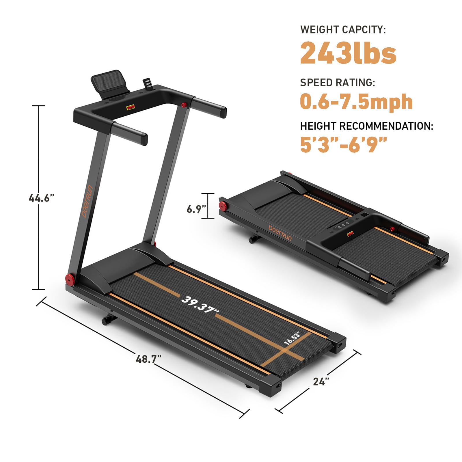 DeerRun Treadmills for Home with Incline and Handles, 3 HP Foldable Treadmill for Small Spaces, Folding Running Machine with Smart APP