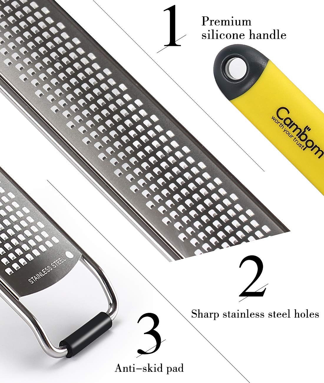 Cambom Zester Grater Cheese Grater - 2 in 1 Parmesan Cheese, Lemon, Chocolate, Ginger, Garlic, Nutmeg, Vegetables, Fruits - Non-Slip Handle Yellow