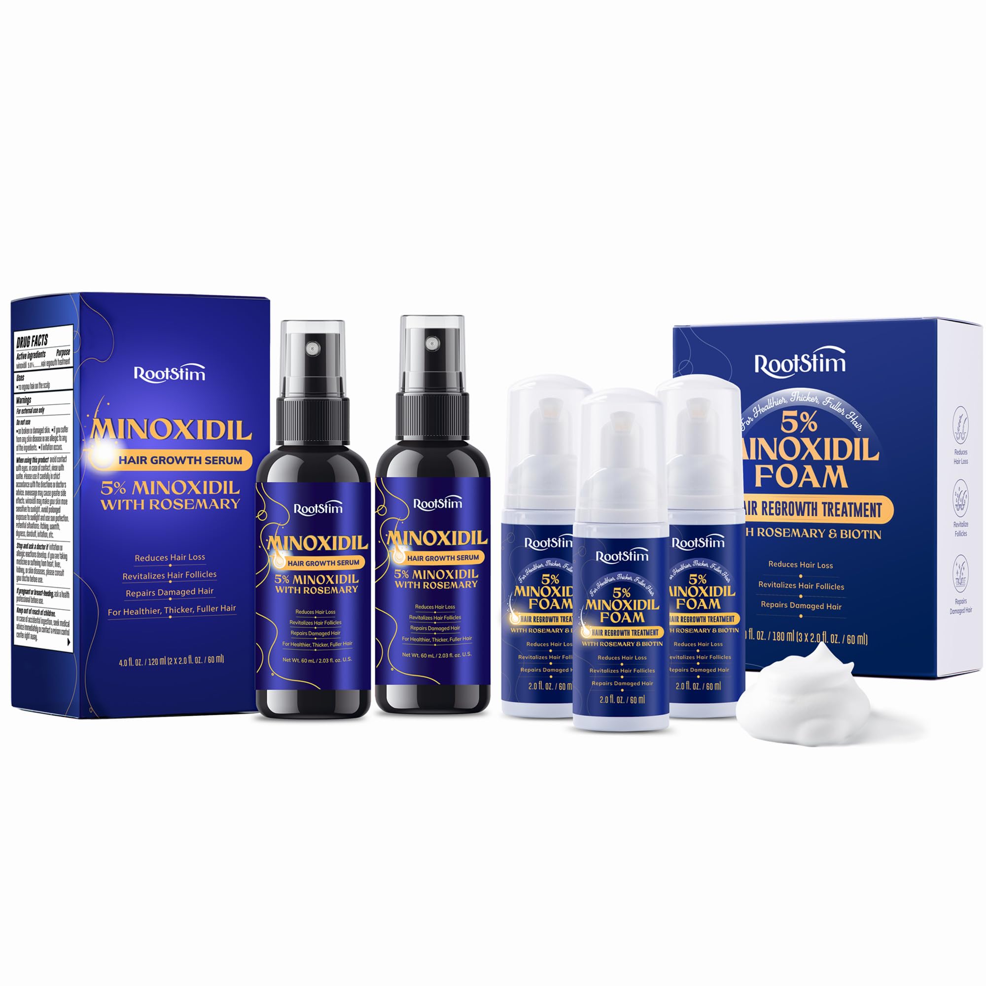 Extra Strength Hair Growth Bundle for Men & Women – 2-Pack Hair Growth Serum with Rosemary (60ML Each) + Hair Regrowth Foam (6 FL.OZ) – Thicker, Fuller, Stronger Hair Solution