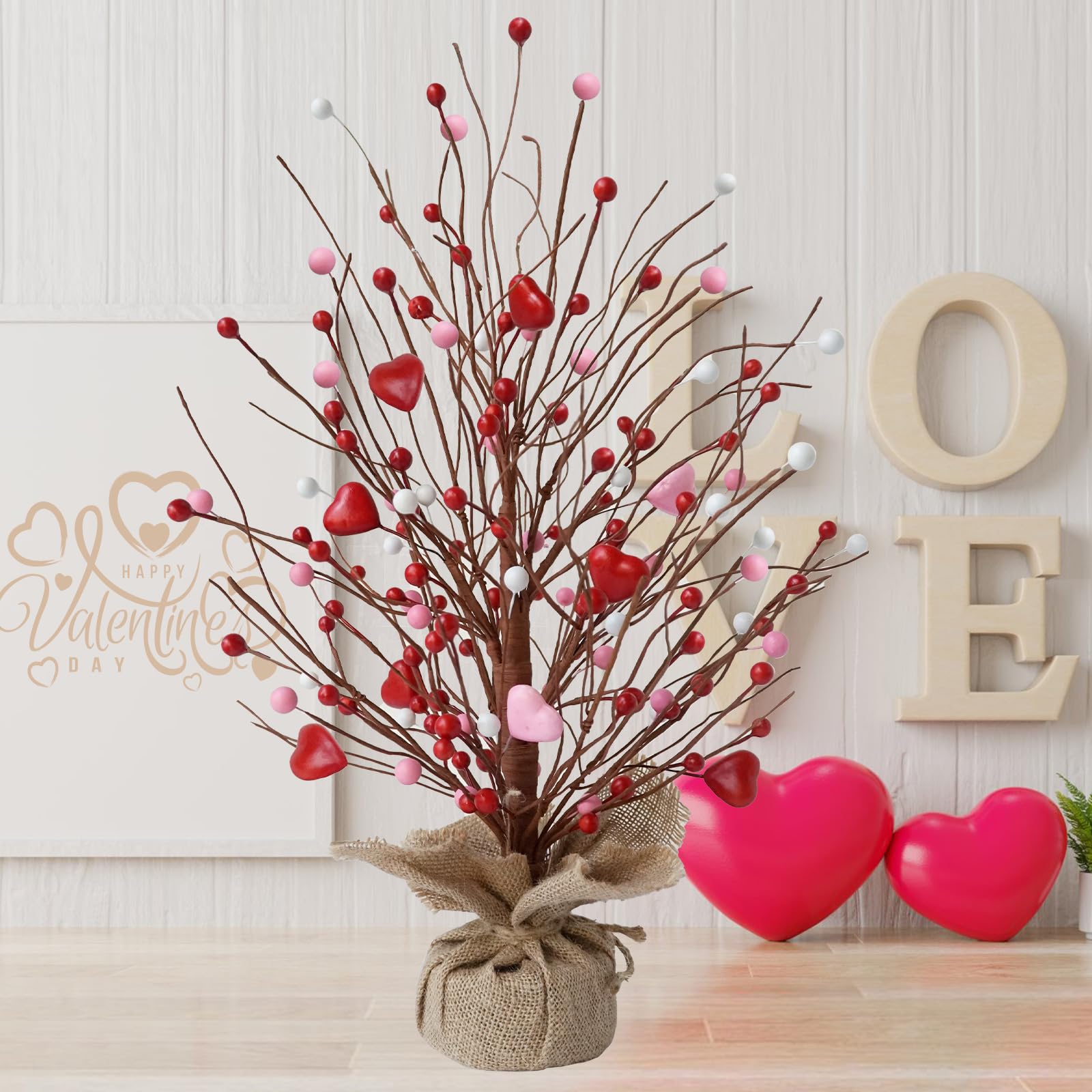 CRCZK 19" H Valentines Day Heart Table Tree Decorative Red Love Berries, Artificial Tree Decor for Valentines Day Party Festival Home Decor.