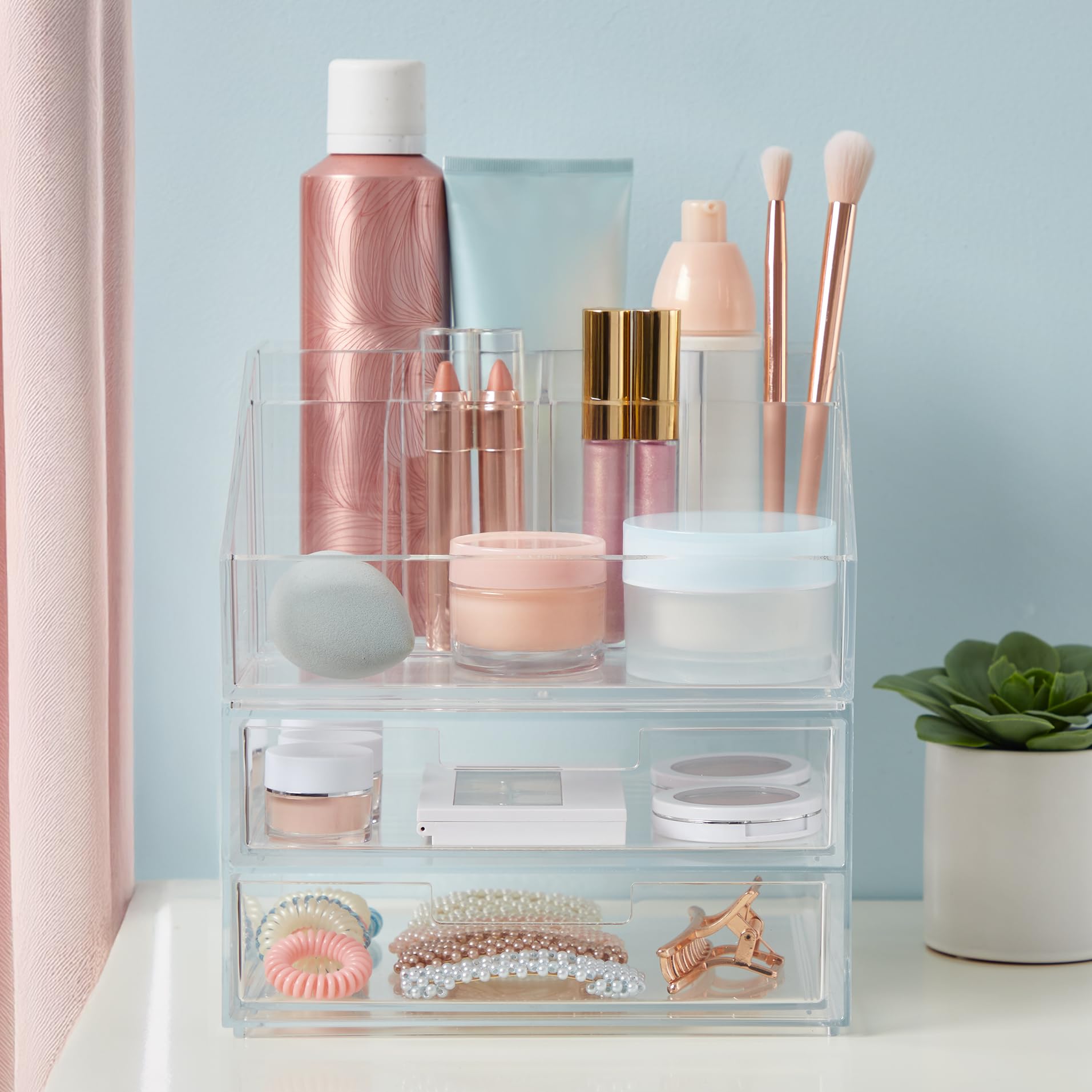 STORi Chloe Stackable Clear Makeup Holder and Double Organizer Drawer Set | Organize Cosmetics and Beauty Supplies | Made in USA